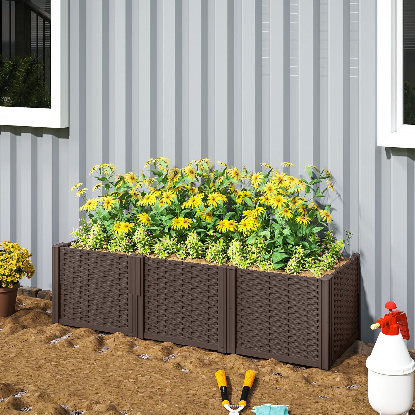 Outsunny Plastic Raised Garden Bed Modular Planter Box Kit Garden Fence Edging Border Flowers Vegetables Herbs Brown