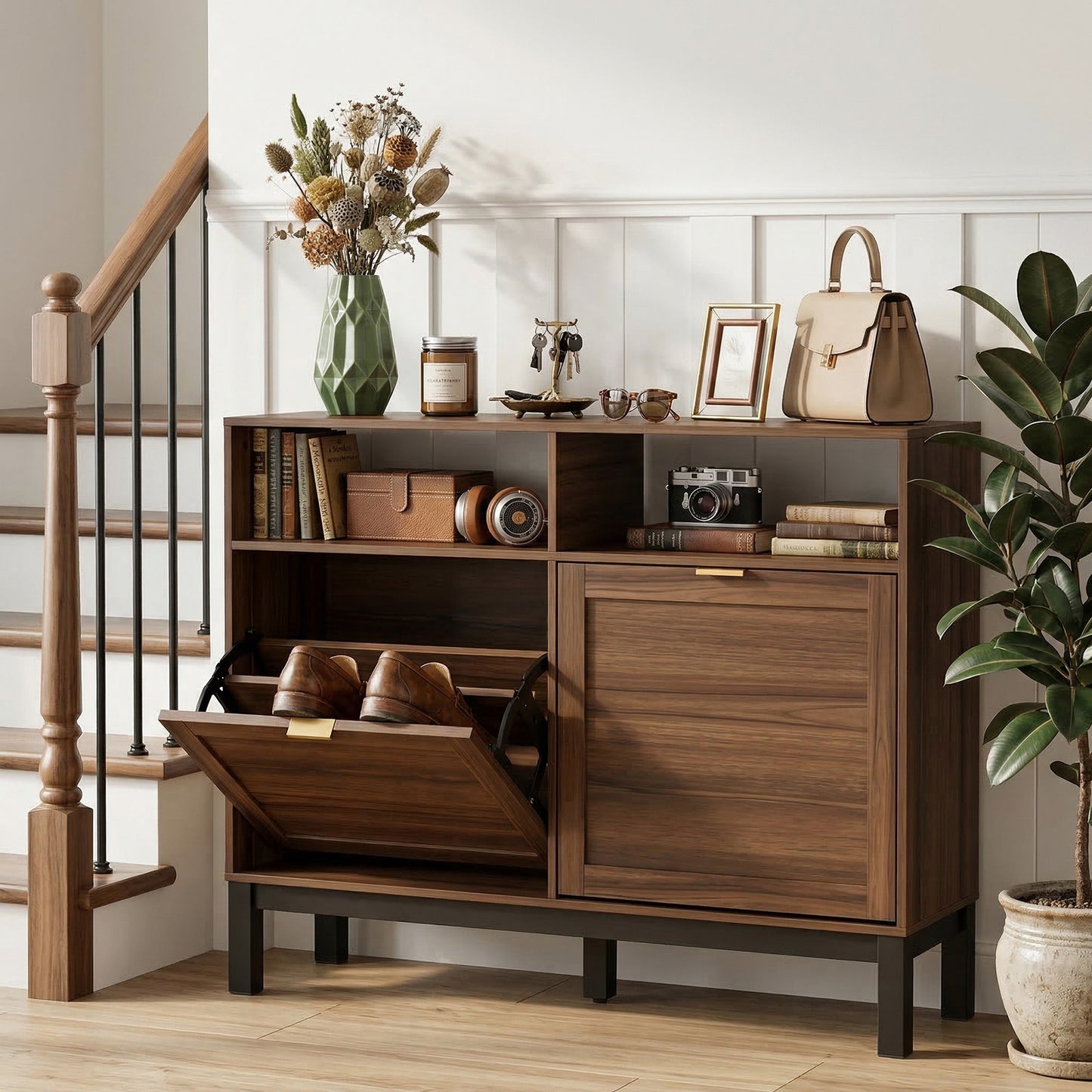 HOMCOM Narrow Shoe Cabinet With Two Flip Drawers Rustic Brown Entryway Hallway Shoe Storage