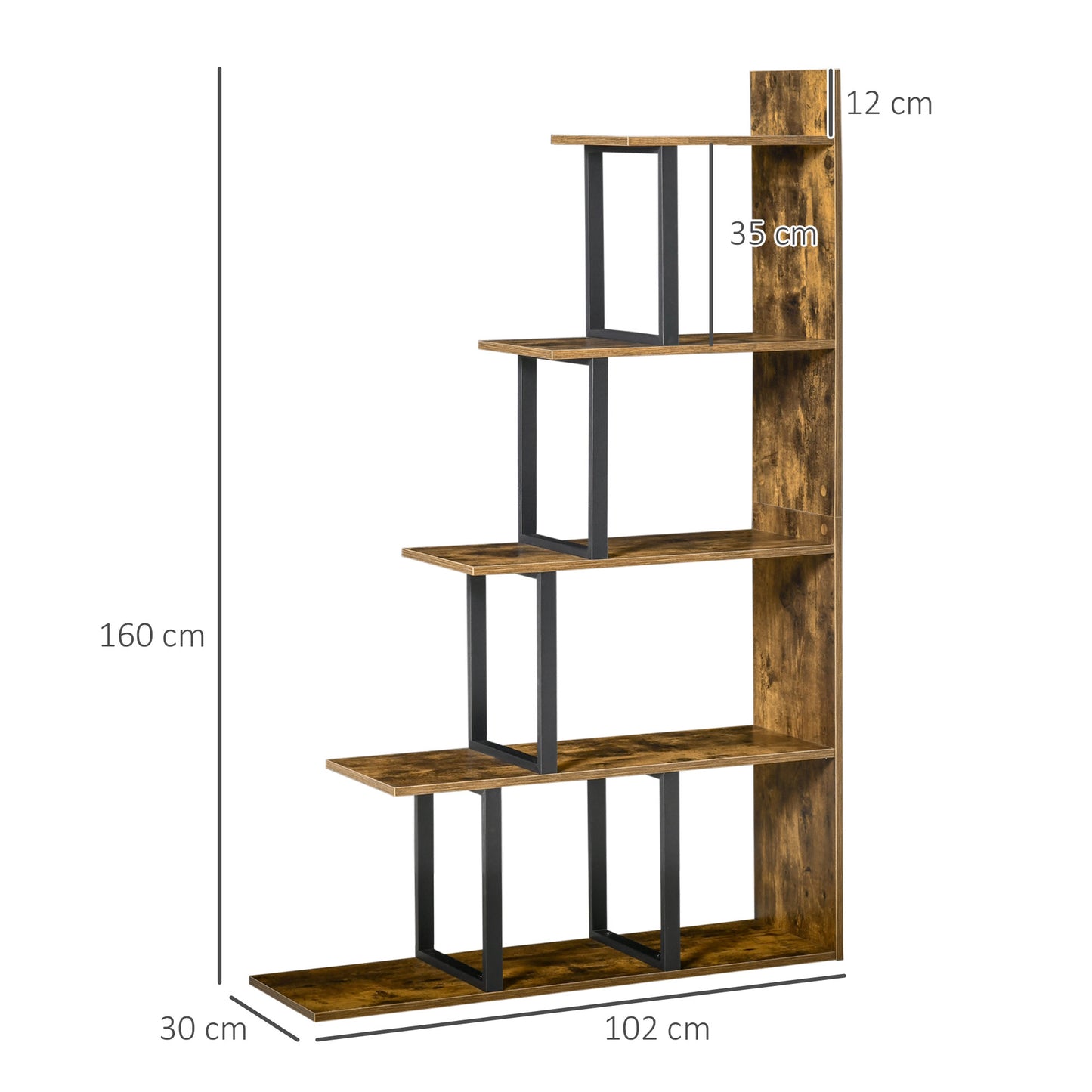 HOMCOM 5 Tier Bookcase Wooden Ladder Bookshelf Display Stand Rustic Brown For Home Office Living Room
