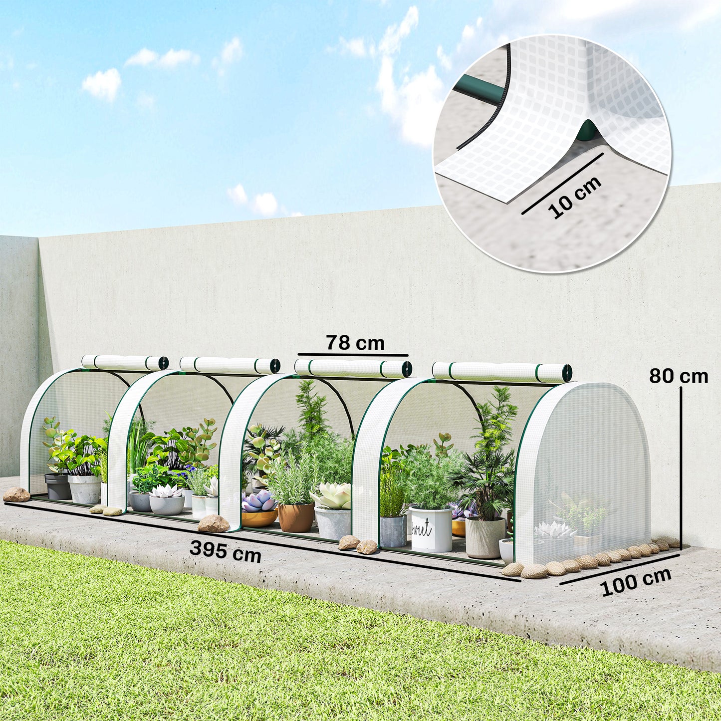 Outsunny 395 By 100 Cm Low Tunnel Greenhouse White With Powder Coated Steel Frame And PE Cover