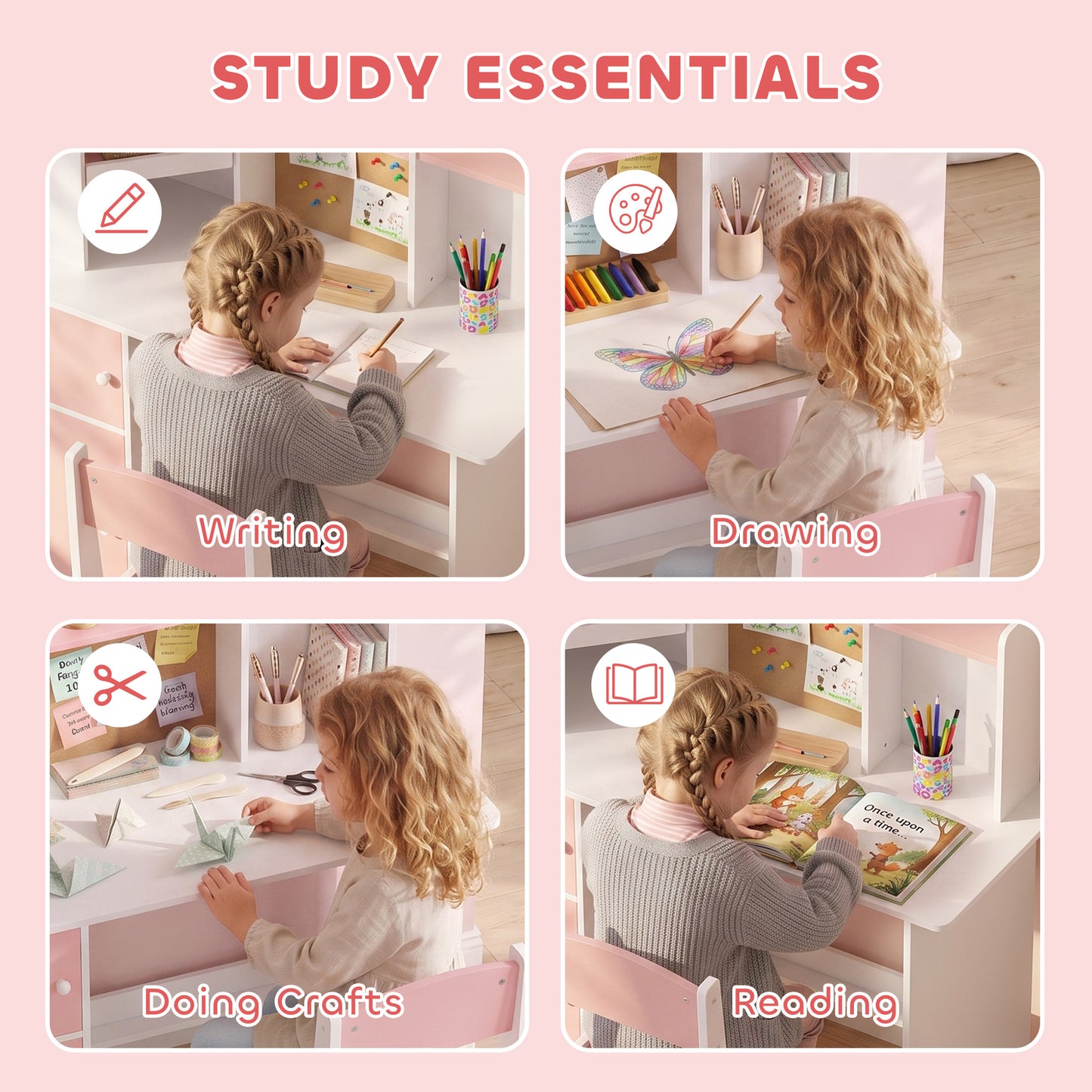 Pink Kids Desk and Chair Set with Adjustable Tablet Stand Storage Shelves