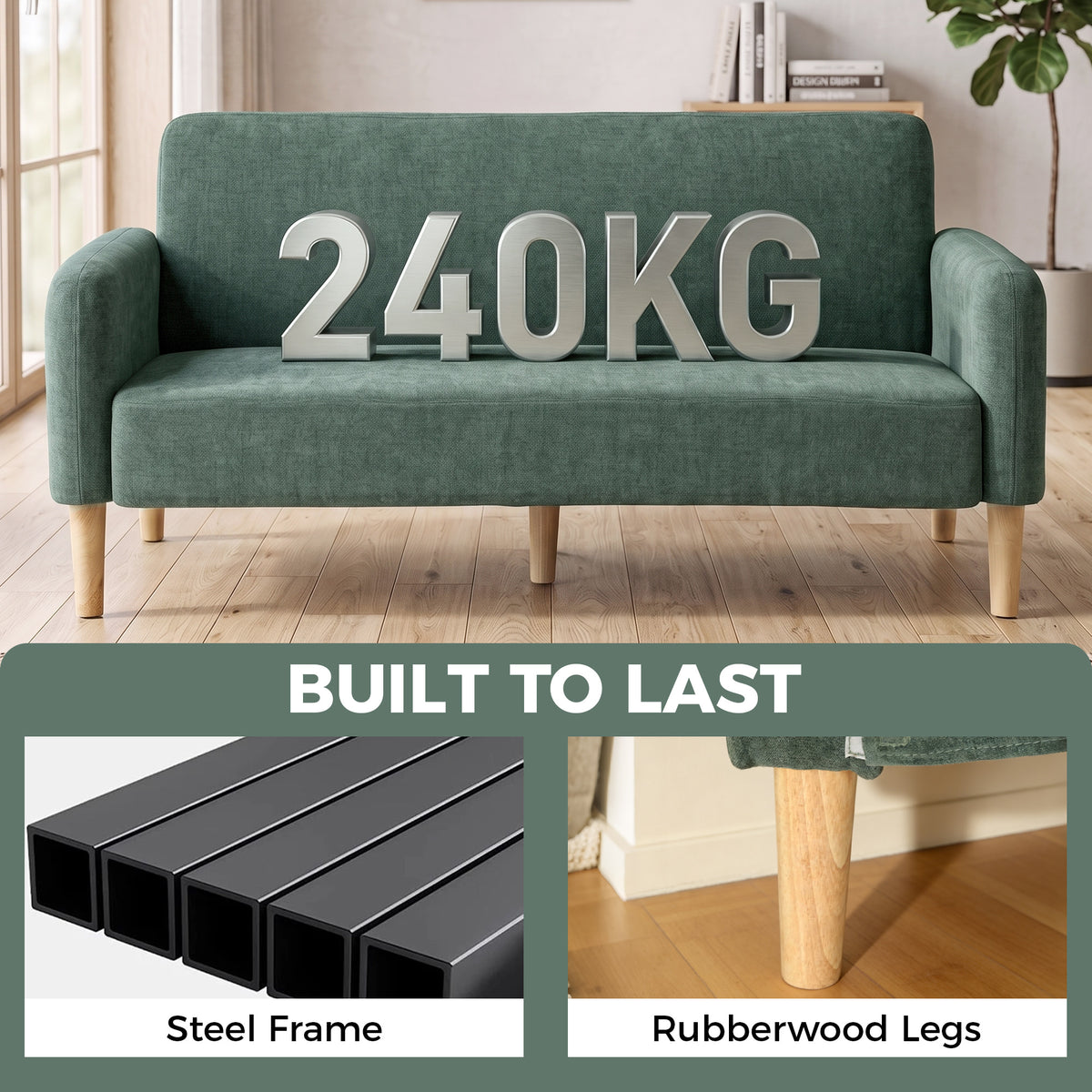 Homcom 2 Seater Velvet Sofa Small Couch With Thick Padding Dark Green