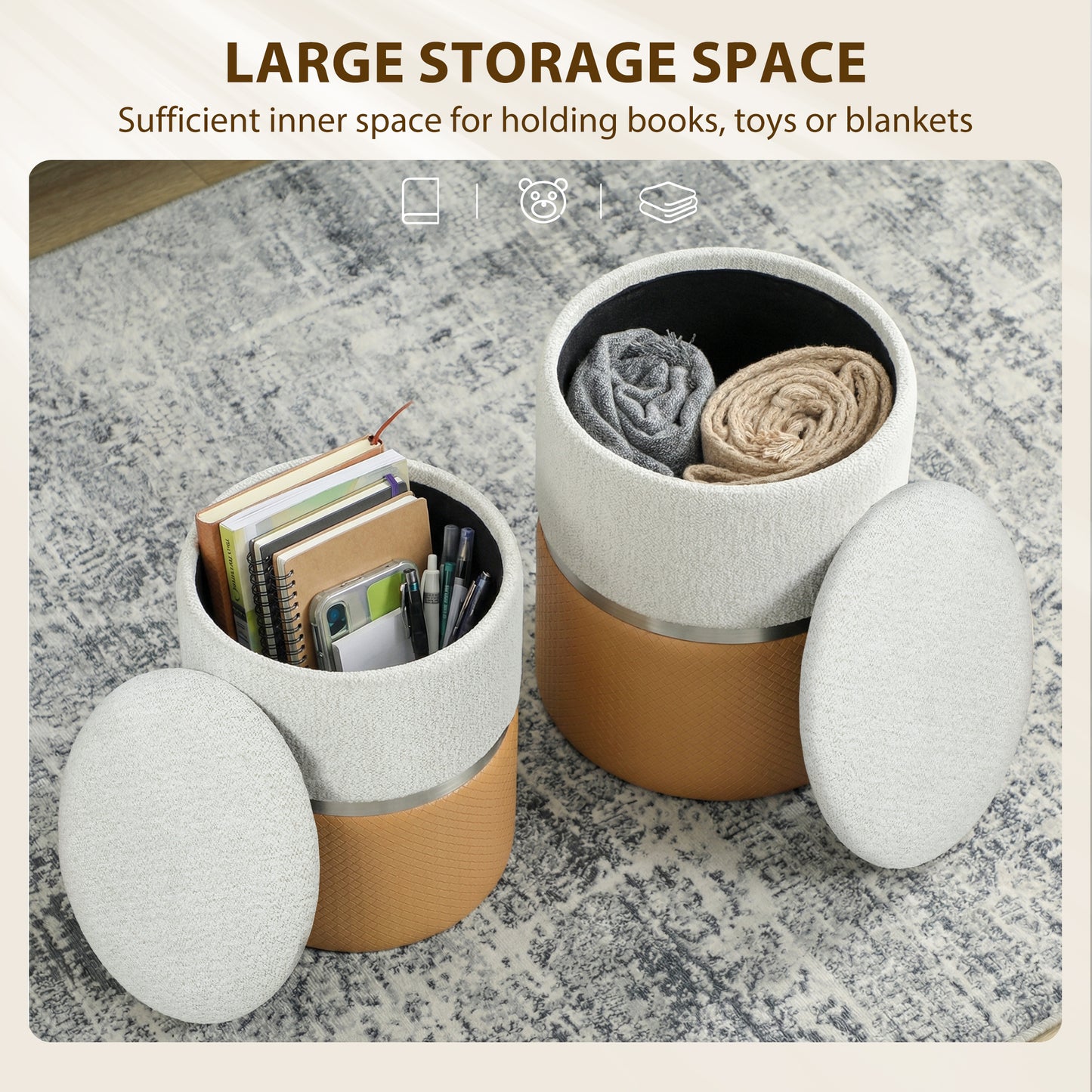 HOMCOM Nesting Round Ottomans With Storage Set Of 2 Cream And Brown Chenille Two Tone