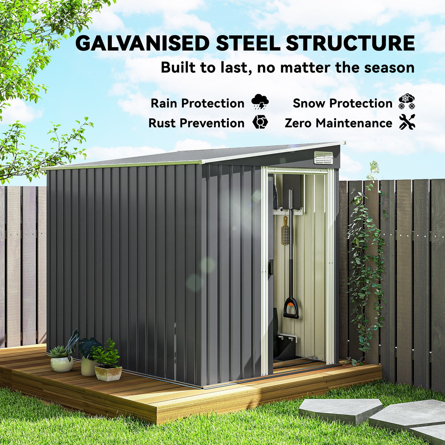 Outsunny 7x5 ft Galvanised Metal Shed With Sliding Door Dark Grey Garden Outdoor Storage