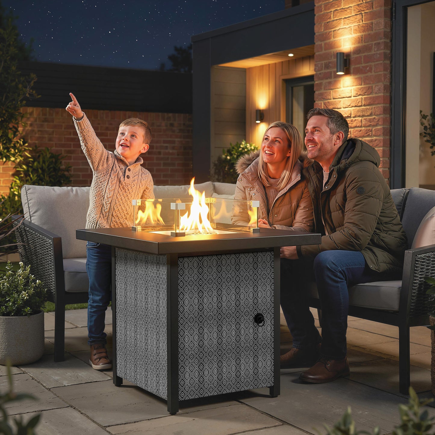 Outsunny Propane Gas Fire Pit Table Outdoor Garden 11.7 KW Smokeless Heater With Wind Guard Glass Rocks Lid Black