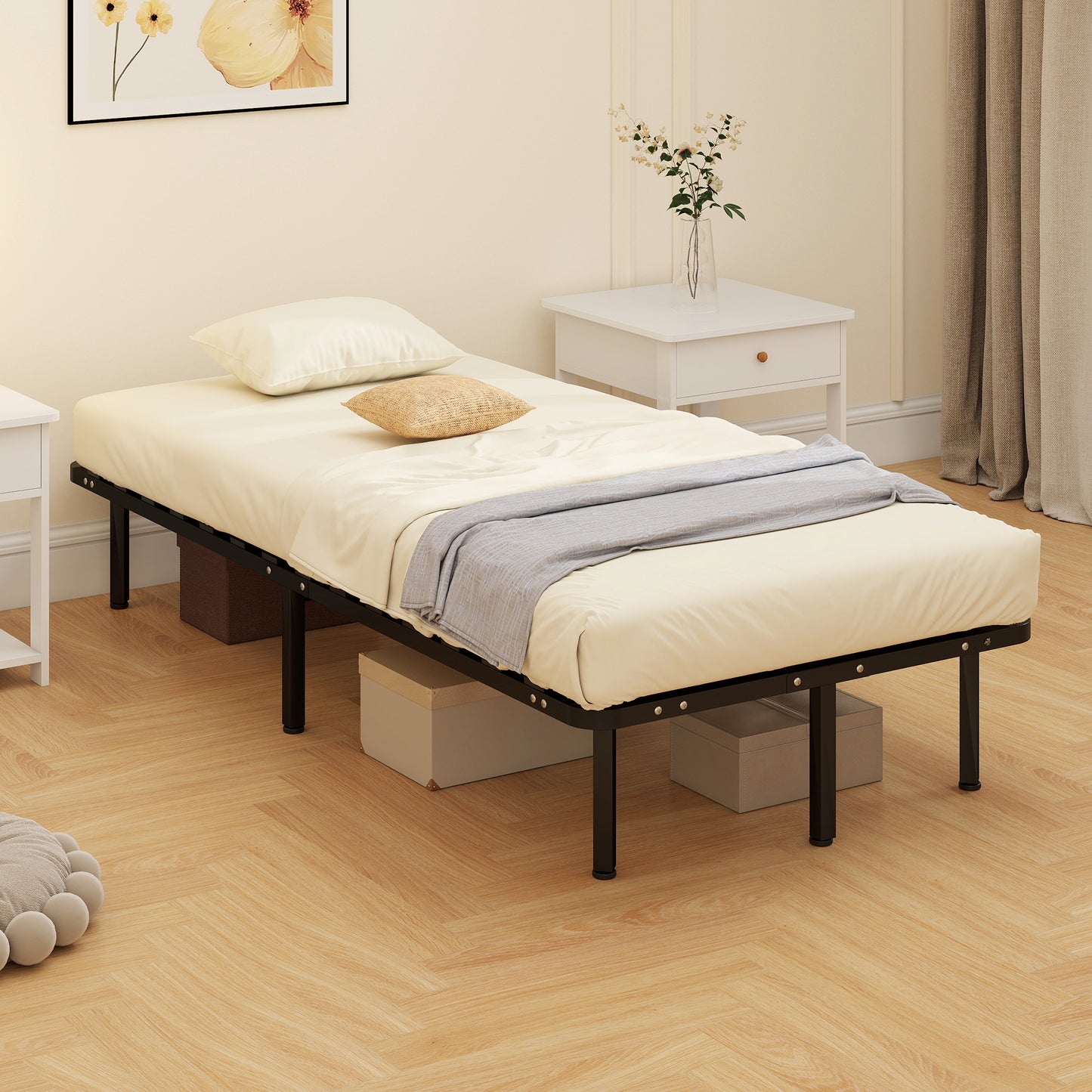 HOMCOM 3ft Single Metal Platform Bed Frame With 2 X 14 Wood Slats No Box Spring Needed Underbed Storage Black