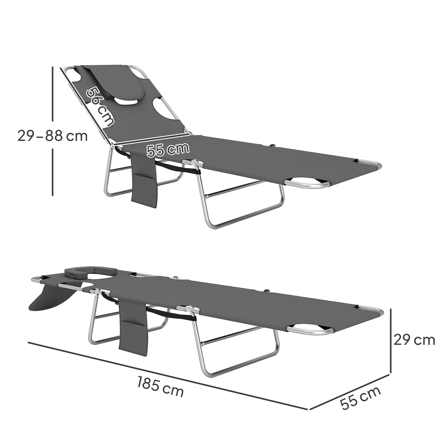 Outsunny Foldable Sun Lounger Set Of 2 Beach Chaise Lounge With Reading Hole 5 Position Backrest Side Pocket Pillow
