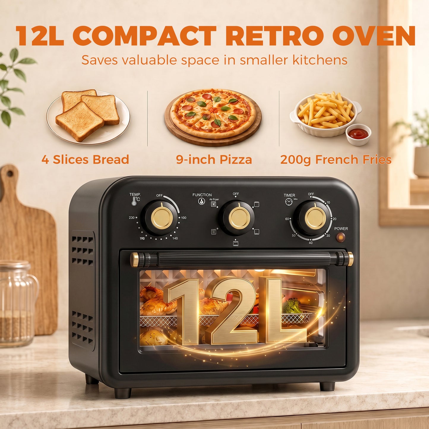 HOMCOM Air Fryer Toaster Oven Convection Countertop Oven 12 L With Adjustable Temperature And 60 Minute Timer Black