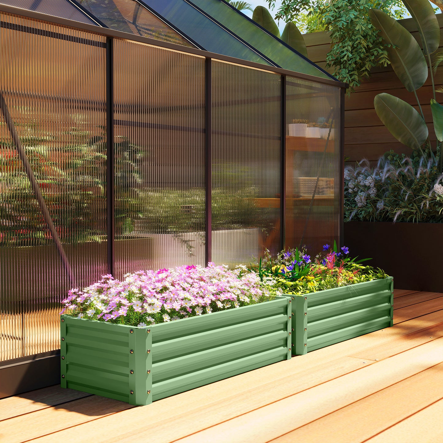 Outsunny Set Of Two 110 x 50 cm Galvanised Steel Planter Boxes Light Green For Gardens And Patios