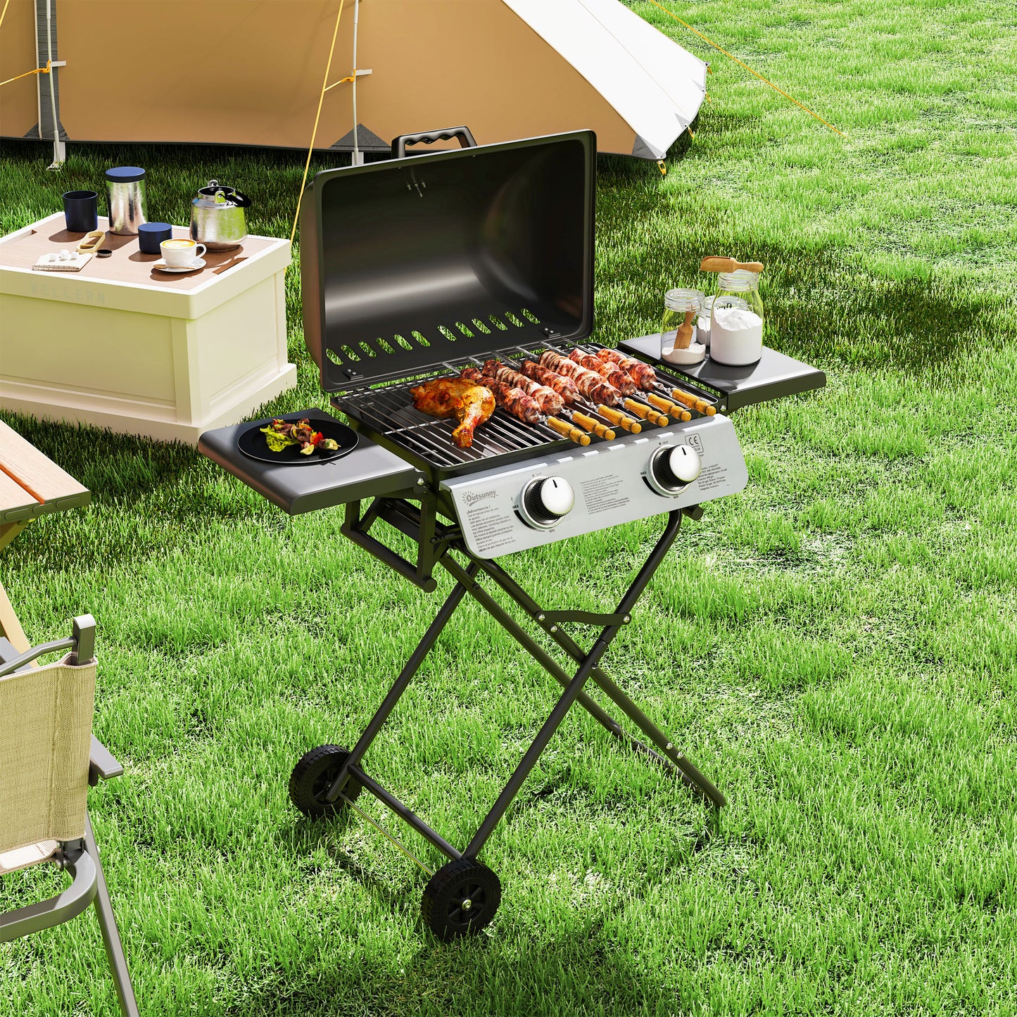 Outsunny Two Burner Portable Suitcase Gas Grill With Piezo Ignition And Side Tables Black