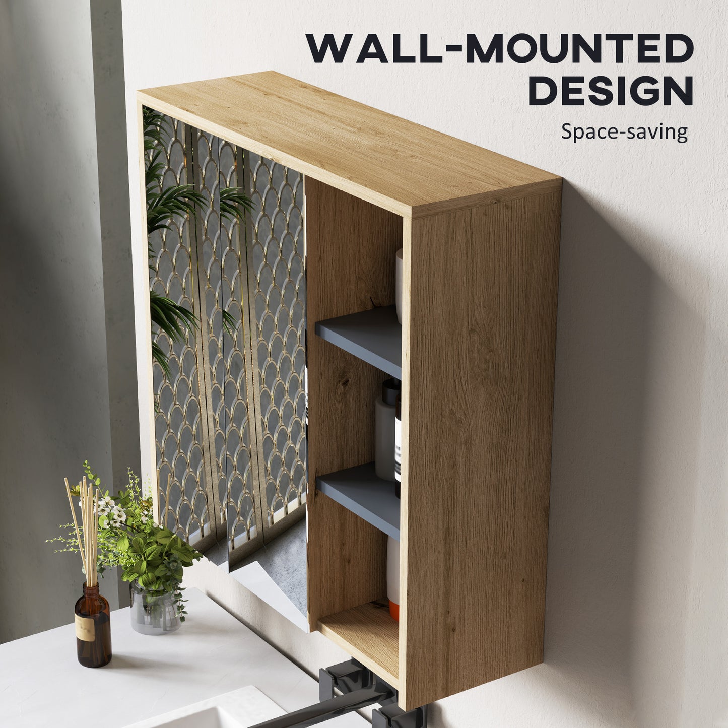 HOMCOM Five Shelf Mirrored Bathroom Cabinet Wood Effect Wall Mounted With Door Shelves And Outer Shelves