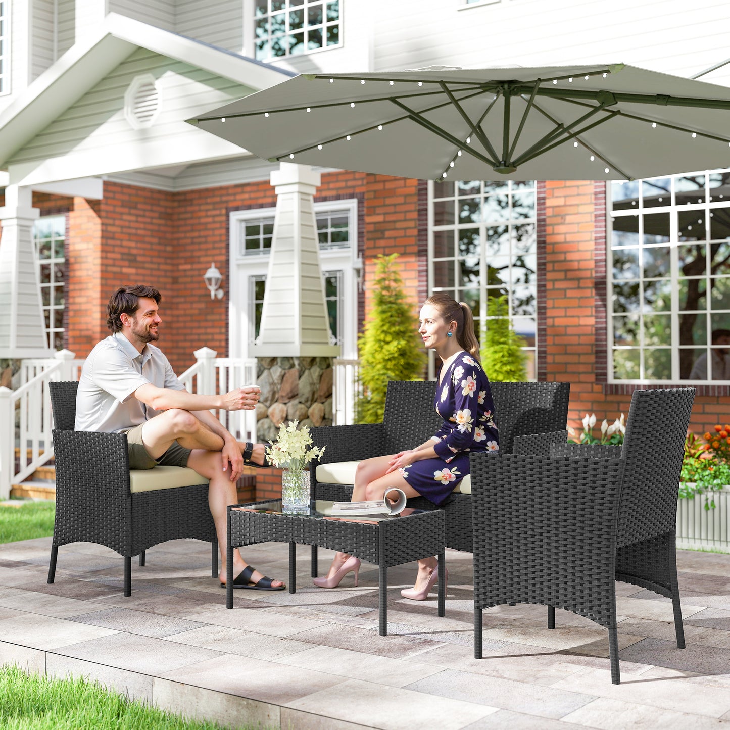 Outsunny 4 Piece Rattan Garden Furniture Set With Loveseat Armchairs Glass Top Coffee Table Cushions Cream White