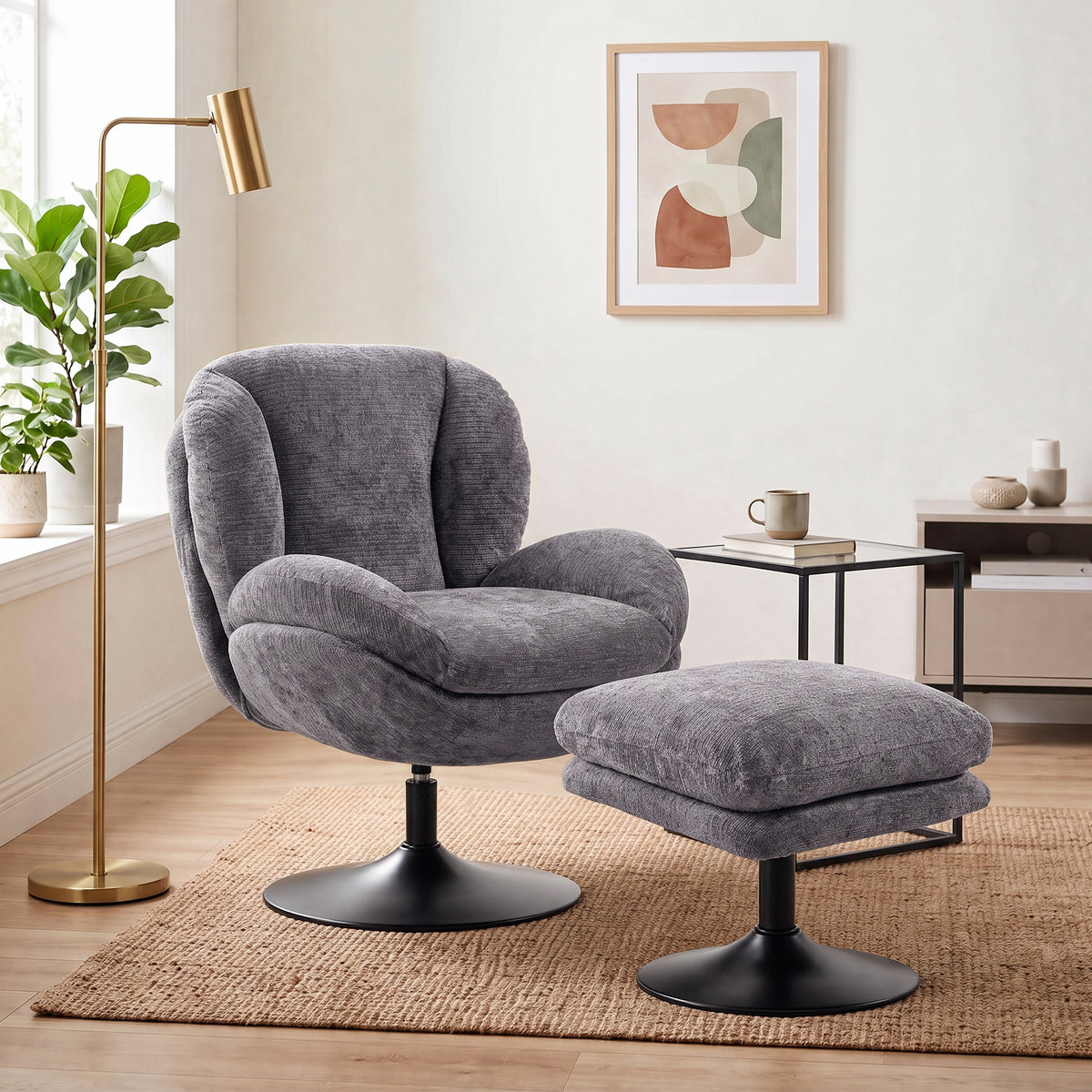 HOMCOM 360 Degree Chenille Swivel Accent Chair With Ottoman for Living Room Dark Grey