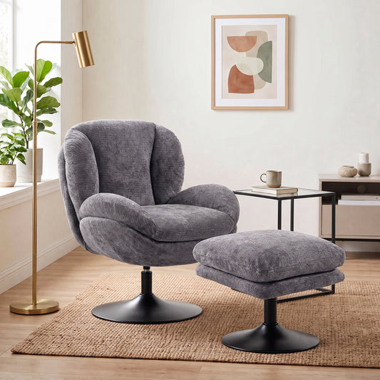HOMCOM 360 Degree Chenille Swivel Accent Chair With Ottoman for Living Room Dark Grey