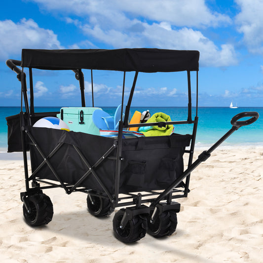 DURHAND Versatile Folding Trolley Cart with Canopy, 4-Wheel Beach and Garden Storage Solution - Black - ALL4U RETAILER LTD