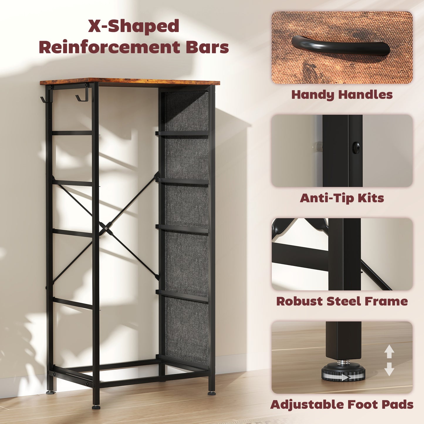 HOMCOM Five Drawer Fabric Chest Rustic Brown Finish With Steel Frame For Bedroom Storage