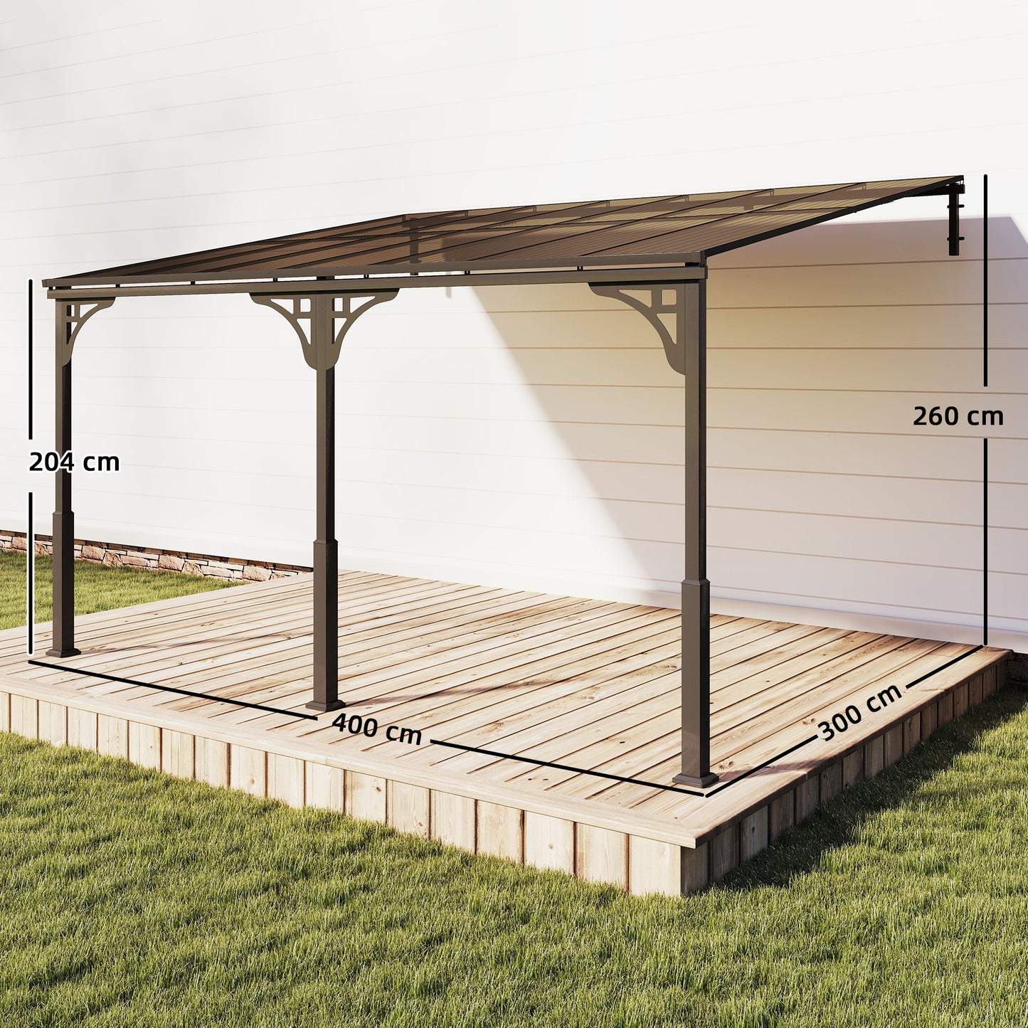 Outsunny 4 x 3 m Wall Mounted Lean To Pergola with Polycarbonate Roof and Aluminium Frame Brown Outdoor Patio Gazebo