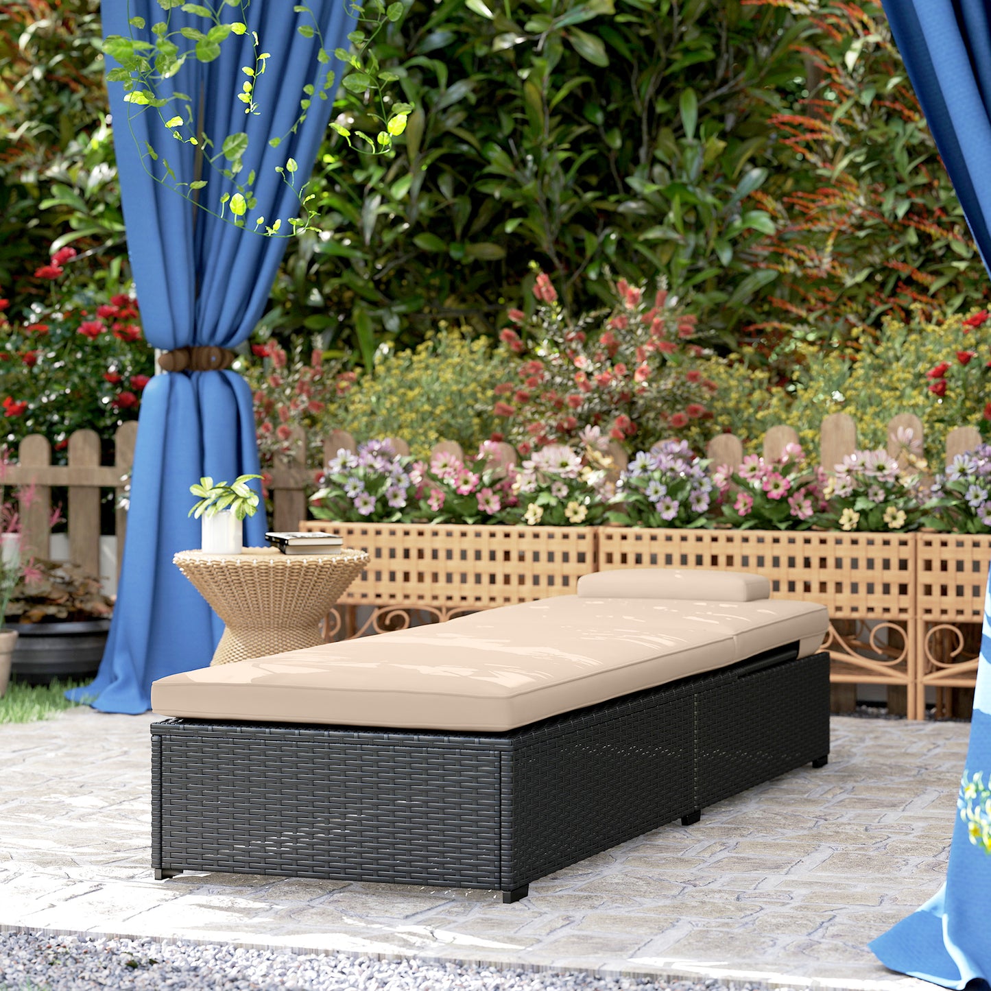 Outsunny Rattan Sun Lounger With Five Position Reclining Back Side Tray And Cushioned Seat In Black