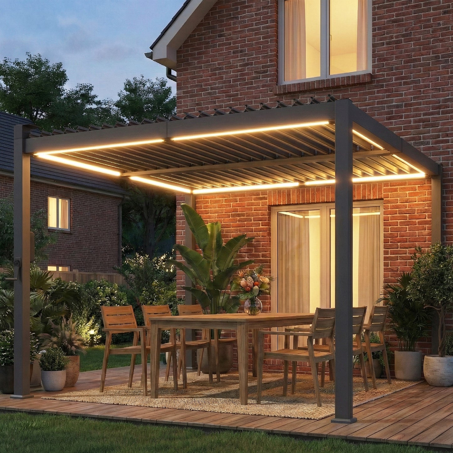 Outsunny 3 x 3 m Louvered Pergola With Solar LED Lights Metal Roof Drainage Gutters Black