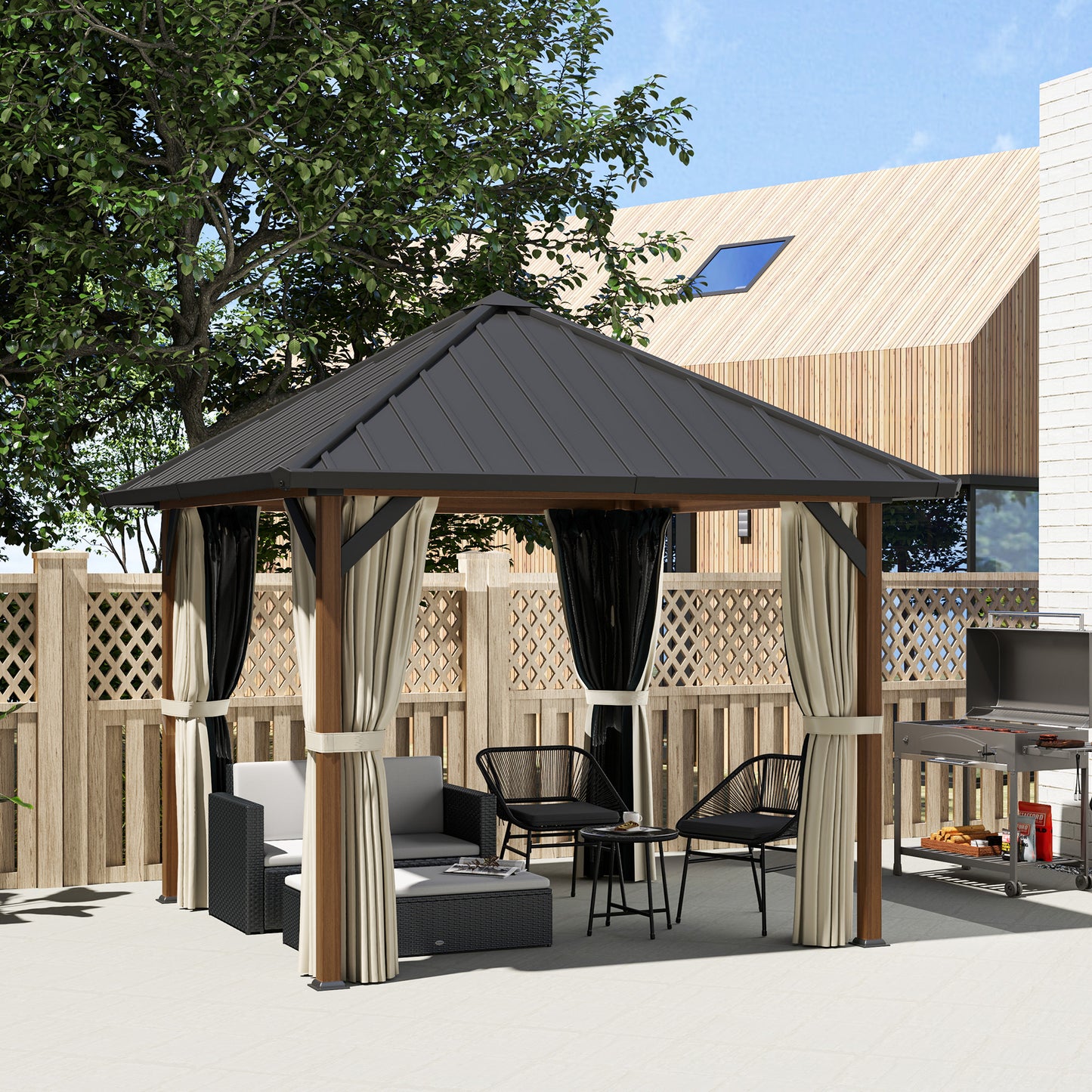 Outsunny 3x3m Hardtop Gazebo With Galvanised Roof Water Gutter Netting And Curtains For Patio Deck Walnut Wood Finish