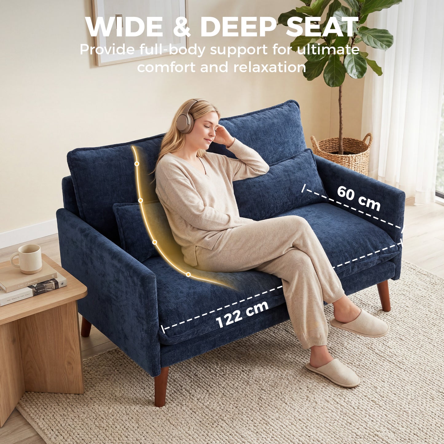 HOMCOM 2 Seater Sofa With Spring Cushions Wide And Deep Seat Wood Legs Blue Compact 131 Cm Footprint For Small Flats