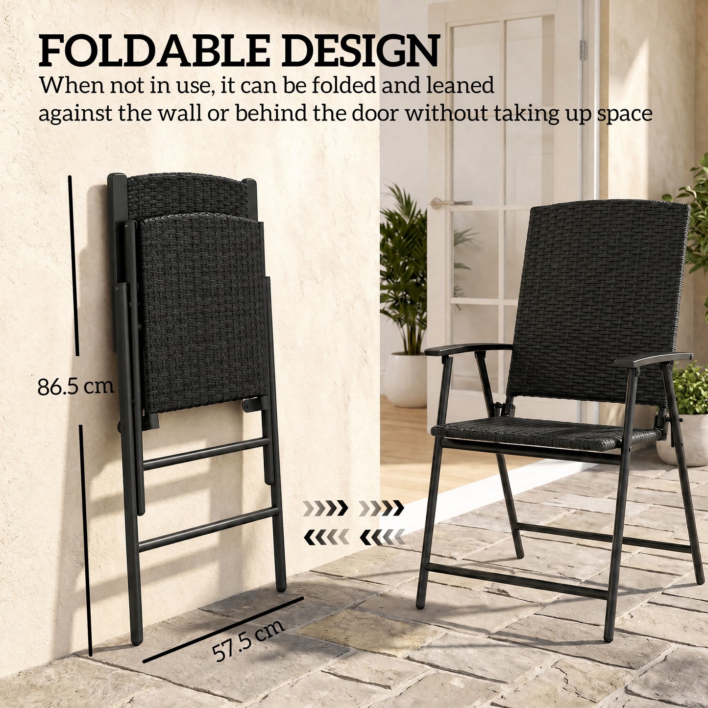 Outsunny Set Of Two Folding Rattan Chairs Black Outdoor Weather Resistant Steel Frame