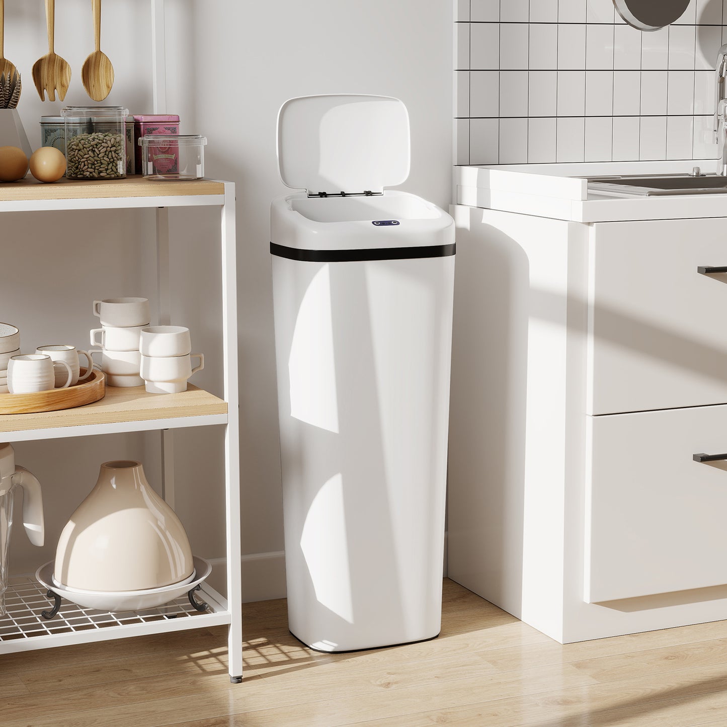 HOMCOM 50L Stainless Steel Sensor Kitchen Bin With Auto Lid And Manual Override White