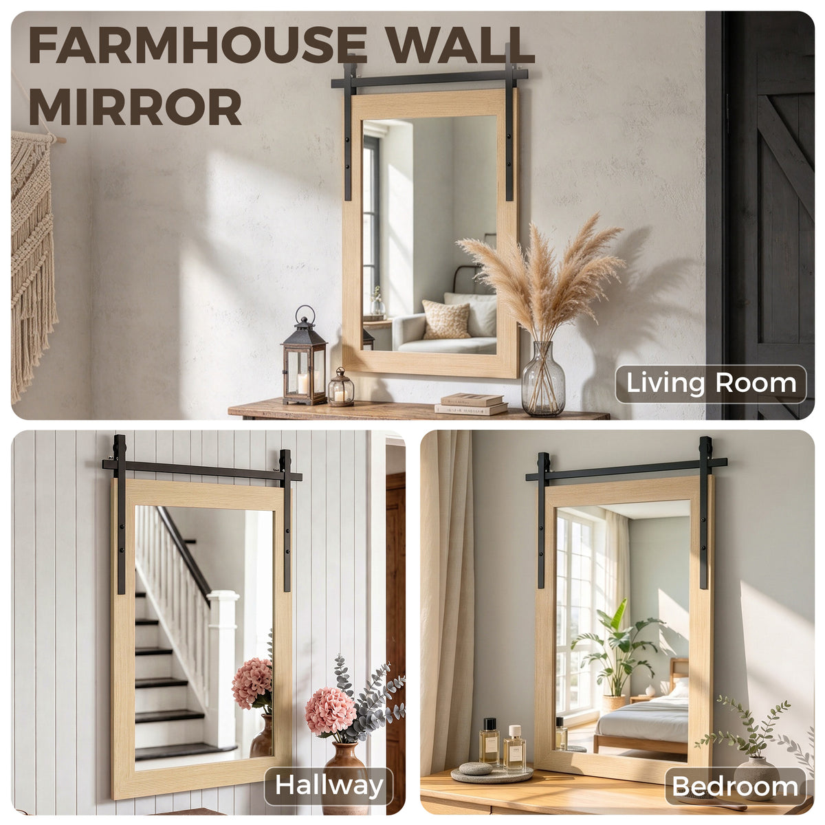 Farmhouse-style rectangular wall mirror with light wood frame and black corner brackets