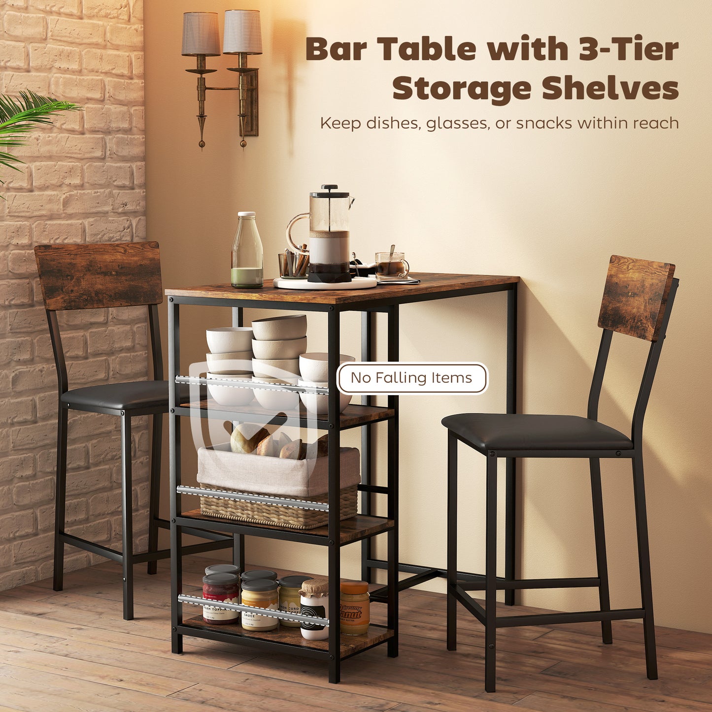 HOMCOM Three Piece Compact Bar Table Set With Two Bar Stools Brown and Black Finish Space Saving Kitchen Bar Furniture