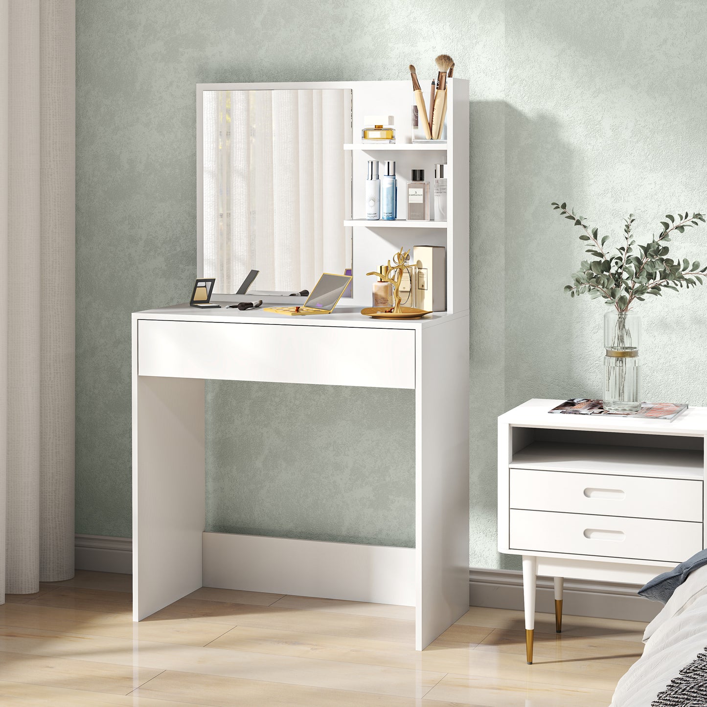 HOMCOM Dressing Table With Mirror And Storage In White Finish For Vanity Desk With Broad Surface And Large Drawer