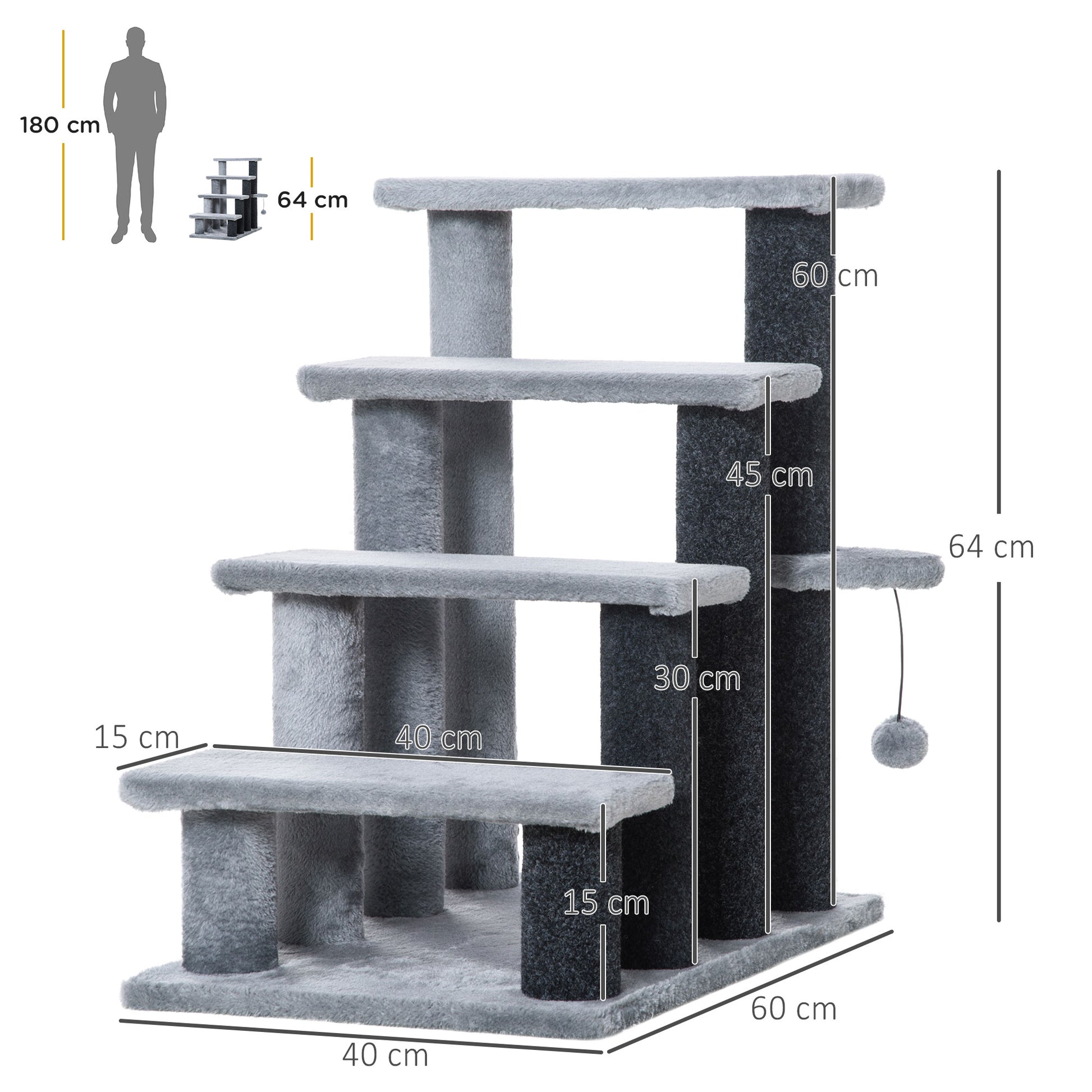 PawHut Multi-Level Grey Cat Stairs with Scratching Posts, Platforms, and Toy Ball - ALL4U RETAILER LTD