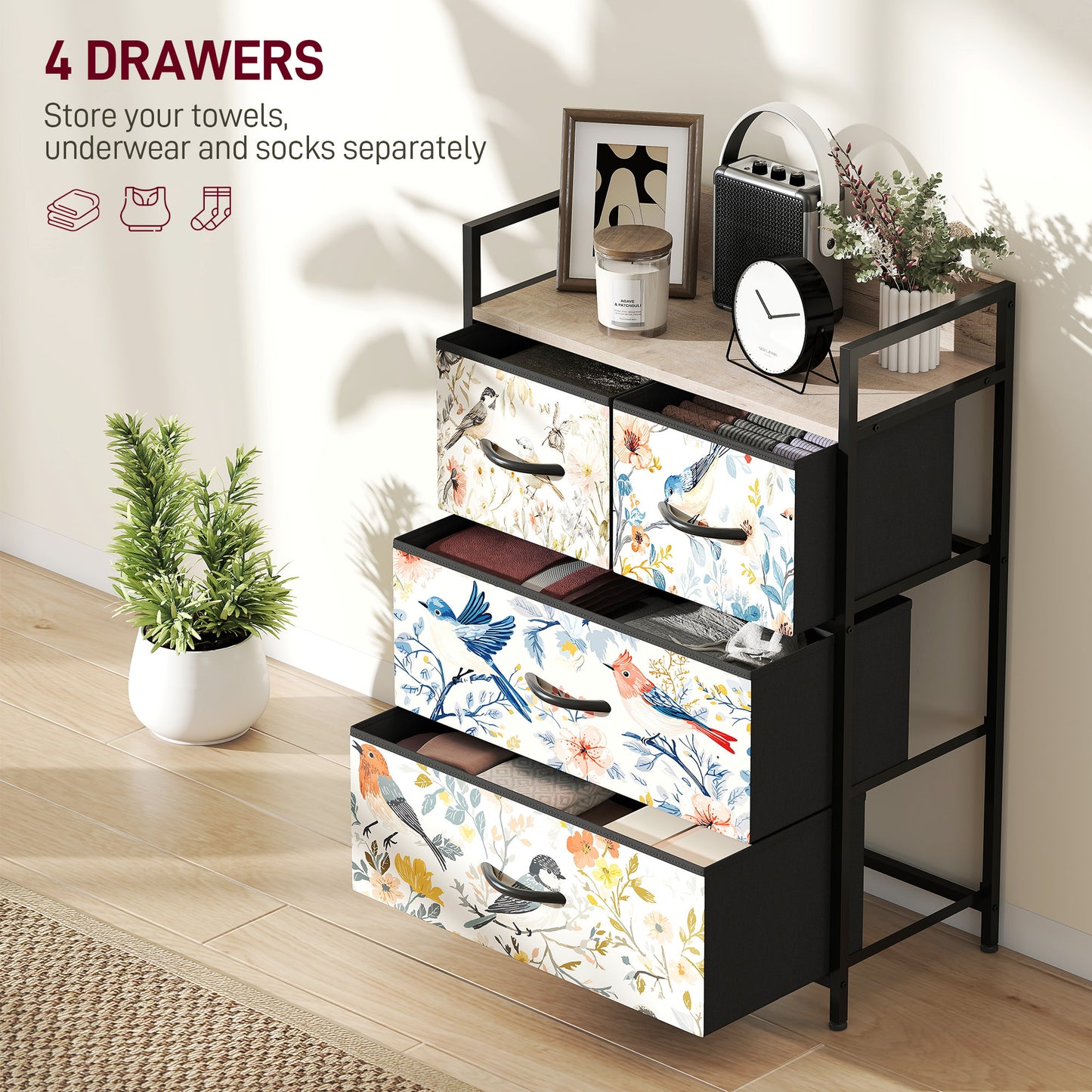 HOMCOM 4 Drawer Chest Of Drawers White With Removable Fabric Drawers And Patterned Panels
