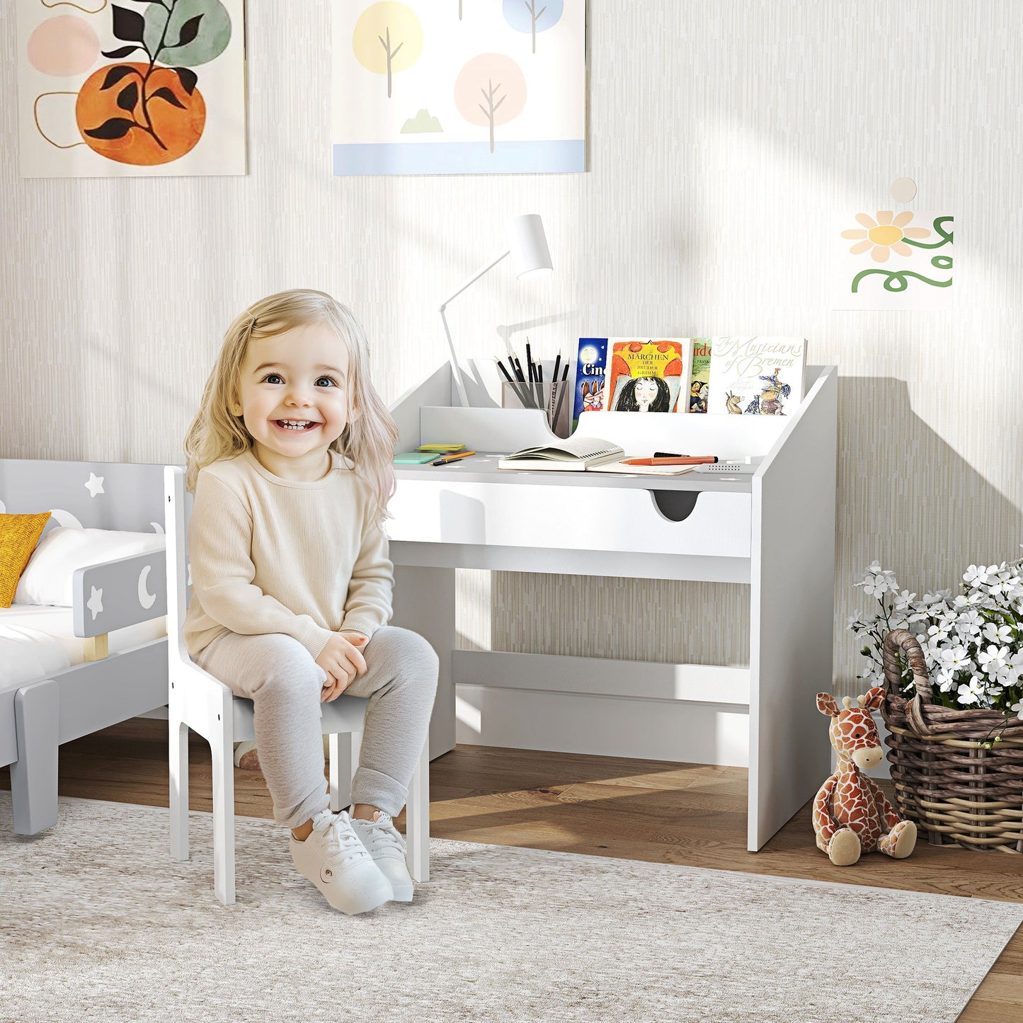 AIYAPLAY Children Study Table and Chair Set With Storage Drawer For Ages 3 To 6 Grey