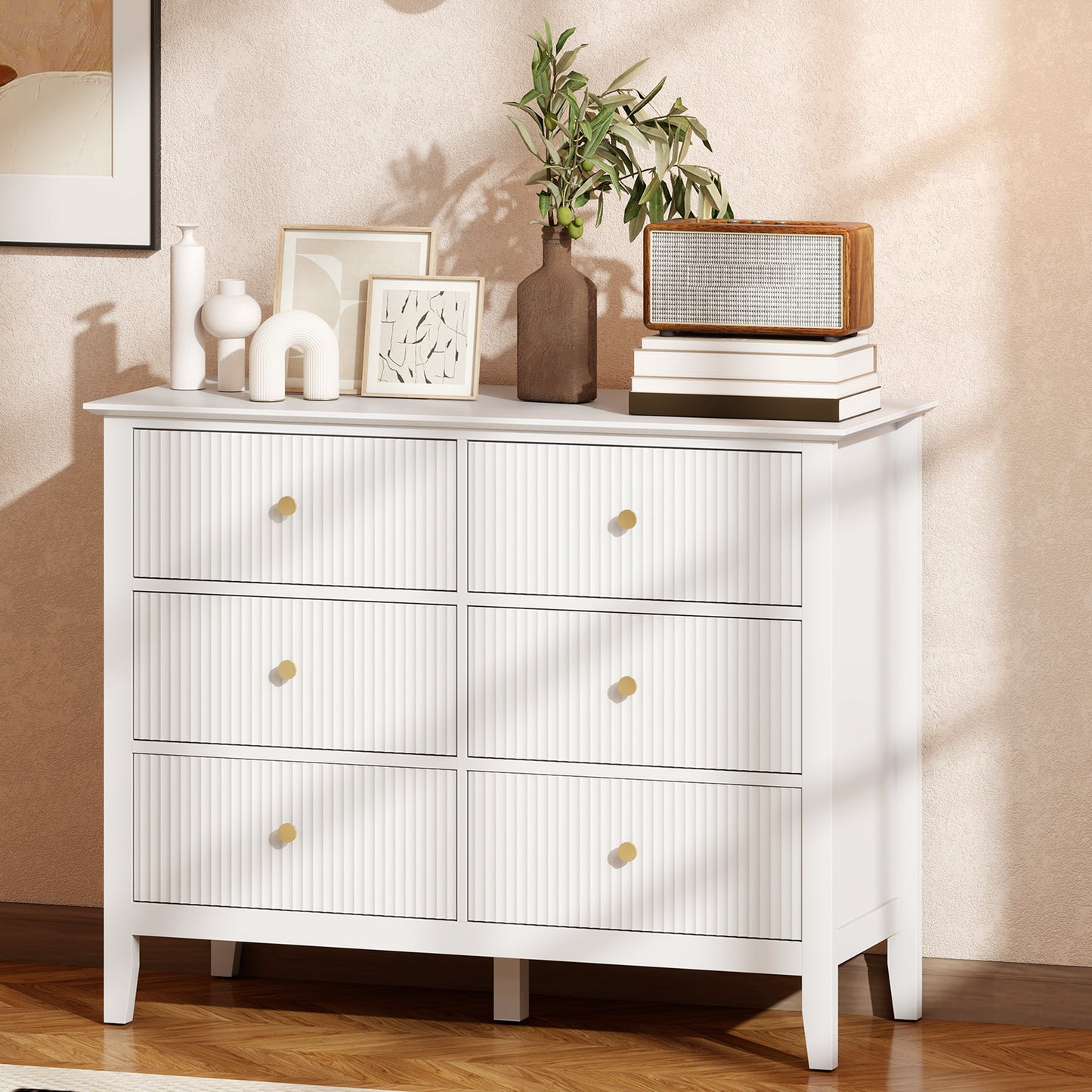 HOMCOM Fluted Dresser 6 Drawer Chest of Drawers for Bedroom Living Room Hallway Closet White