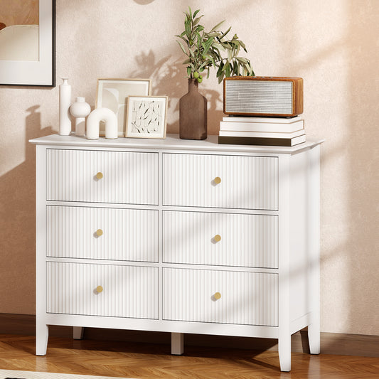 HOMCOM Fluted Dresser 6 Drawer Chest of Drawers for Bedroom Living Room Hallway Closet White