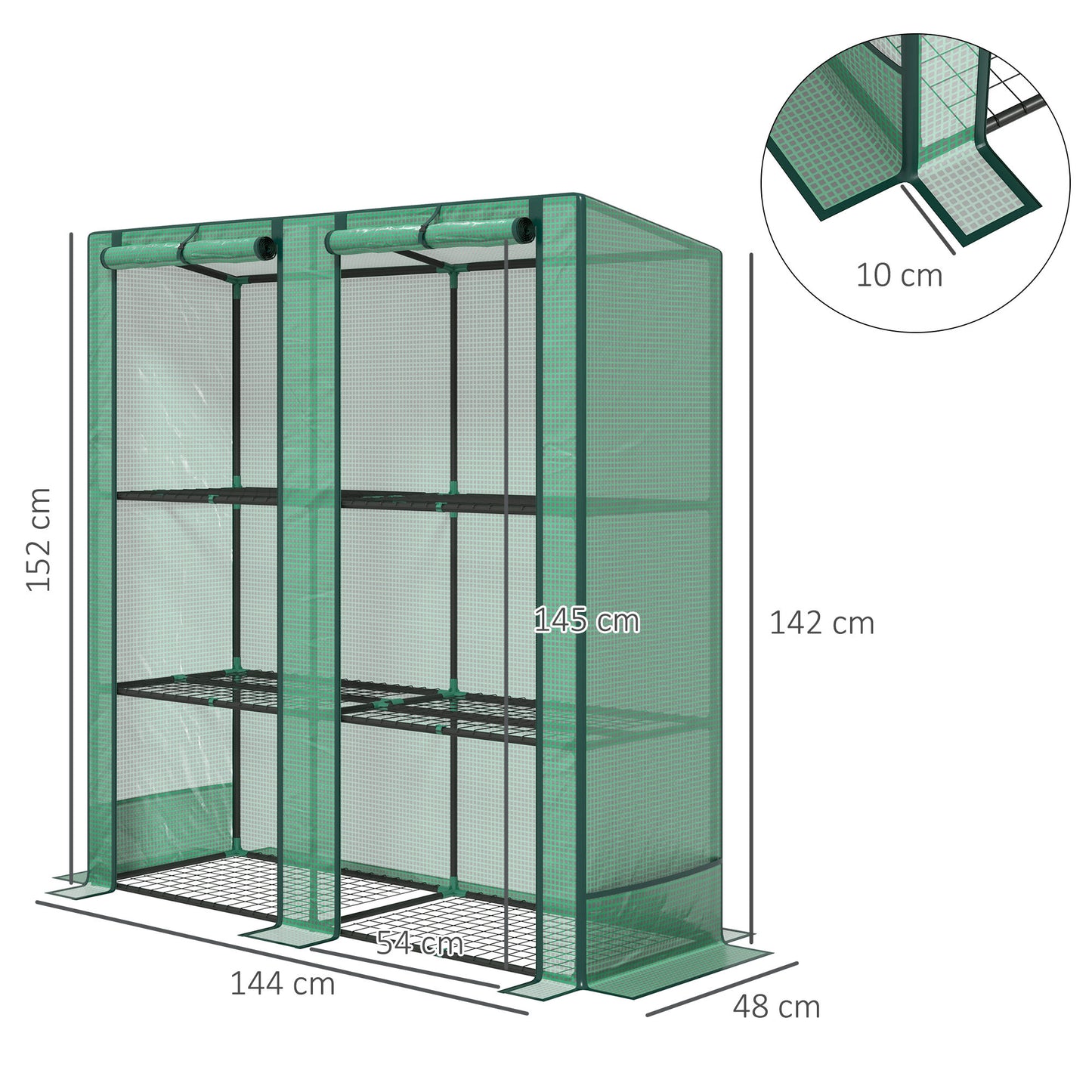 Outsunny Three Tier Mini Greenhouse Green With Roll Up Zip Door And 140 Gram Per Square Meter Plastic Cover