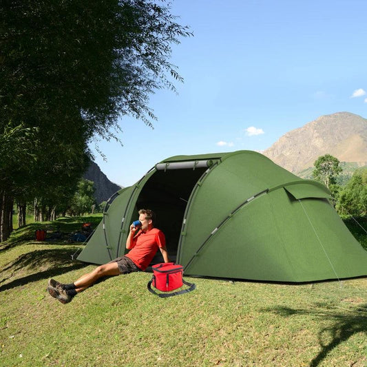 Outsunny 4-6 Person Camping Tent with Two Bedrooms - Hiking Sun Shelter, UV Protection Tunnel Tent in Dark Green - ALL4U RETAILER LTD