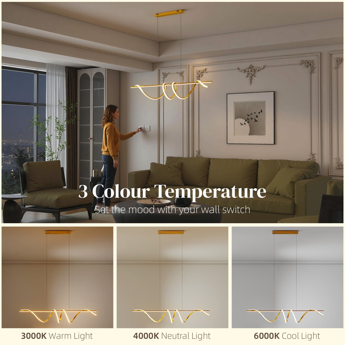 HOMCOM Pendant Light With Three Colour Temperatures Gold Tone Modern Ceiling Fixture Dimmable Ambient And Task Lighting