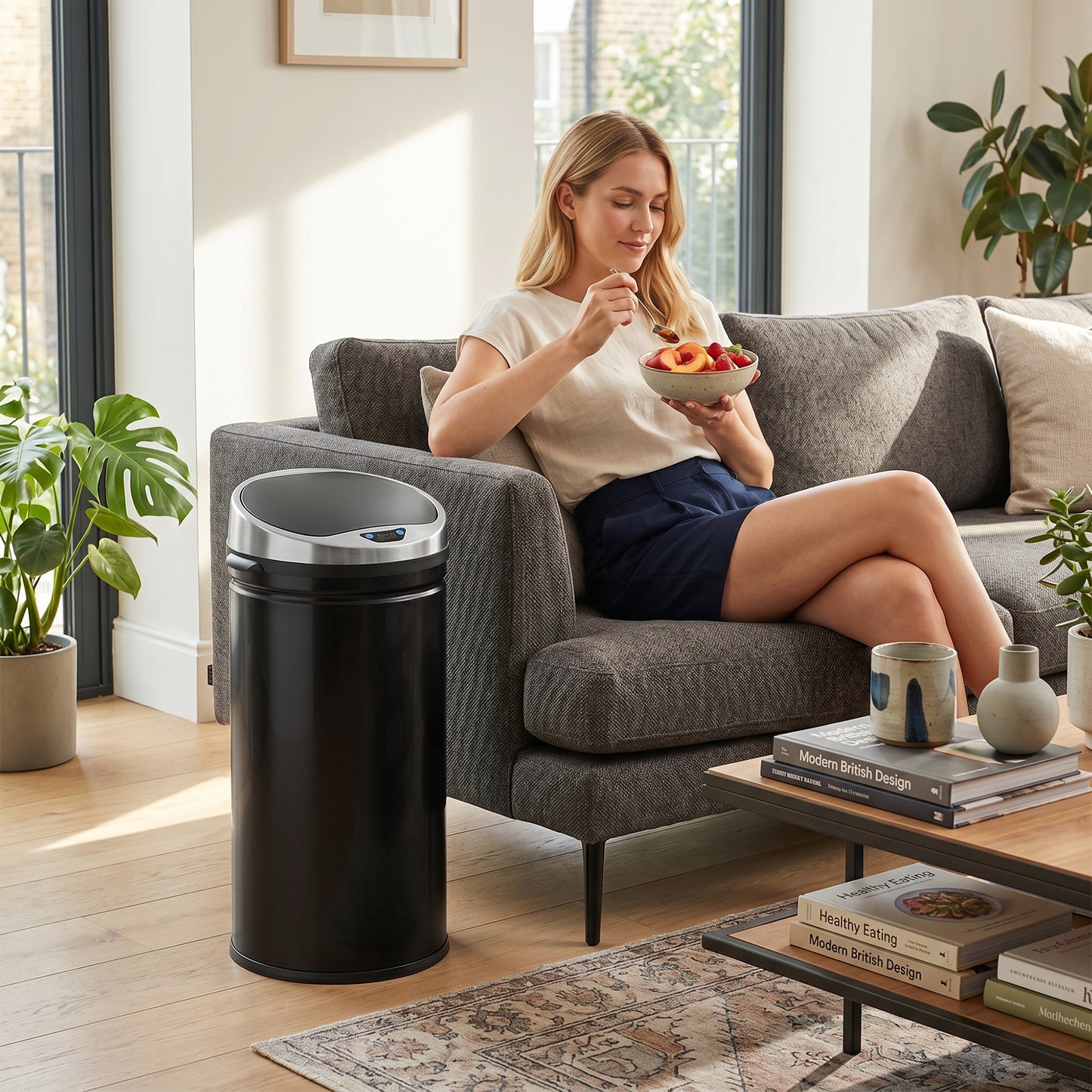 HOMCOM 42L Automatic Motion Sensor Trash Bin With Fingerprint Resistant Finish Stainless Steel Black