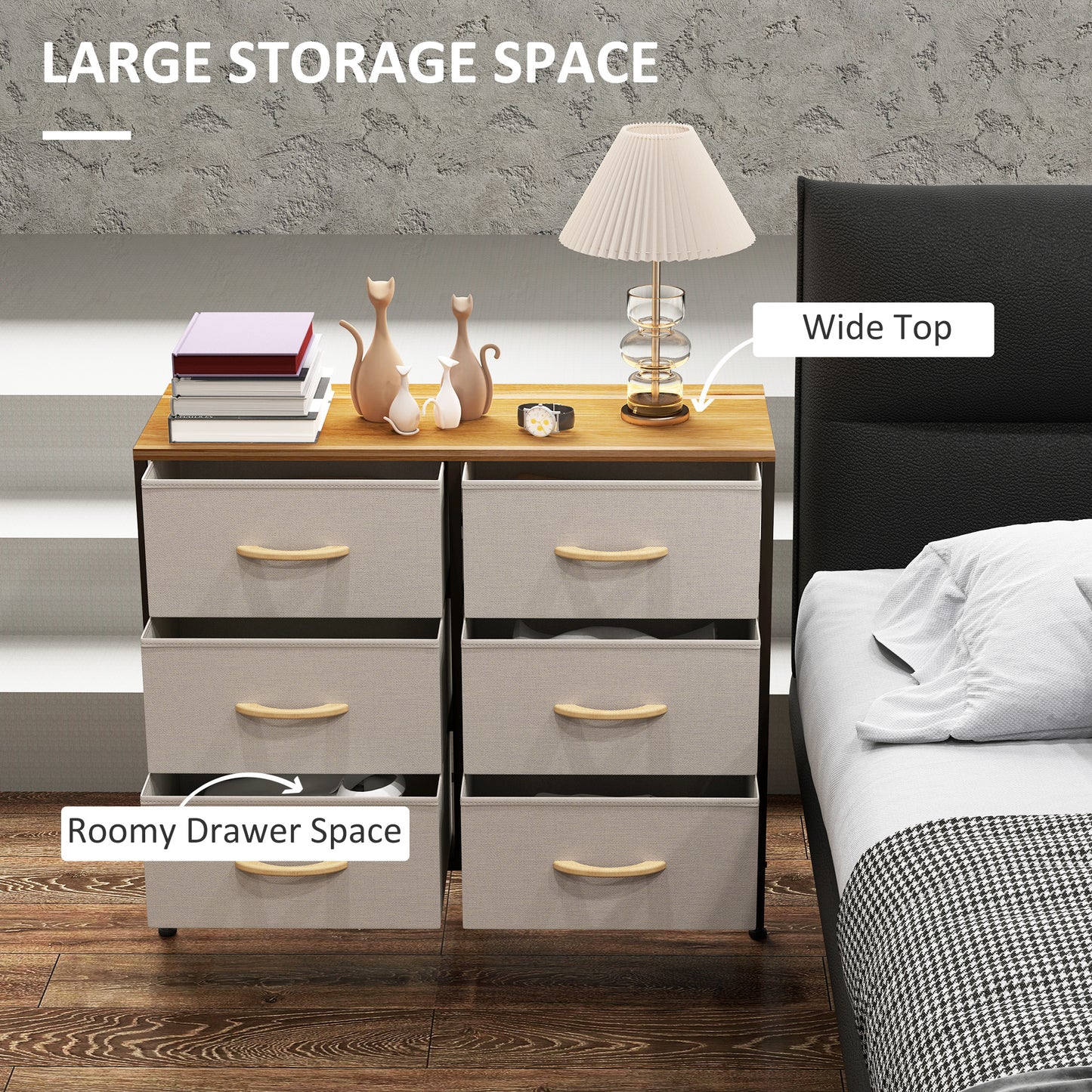 HOMCOM Fabric Chest With 6 Drawers Steel Frame Wooden Top Cream White For Nursery Living Room Hallway