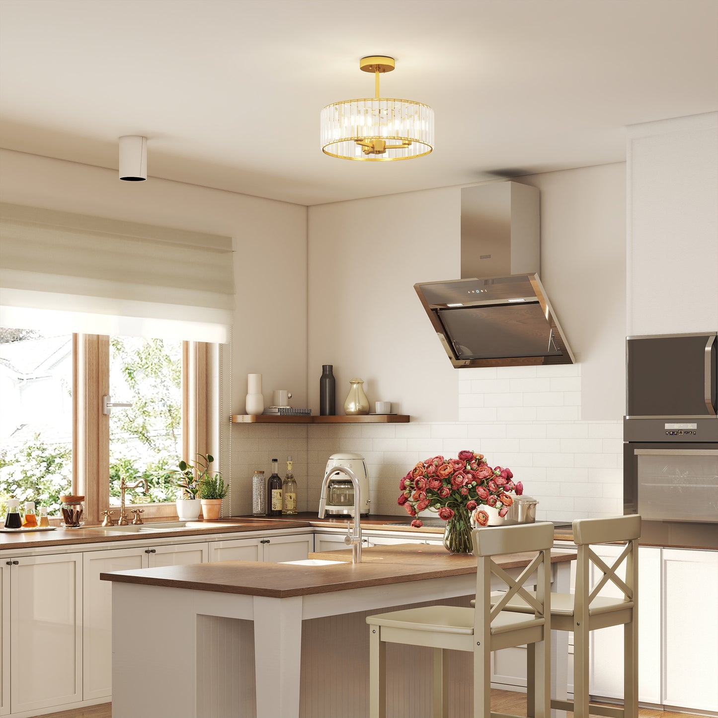 HOMCOM Crystal Ceiling Light Fixture Semi Flush Mount Modern Crystal Chandelier E14 Base 3 Lights Gold Tone