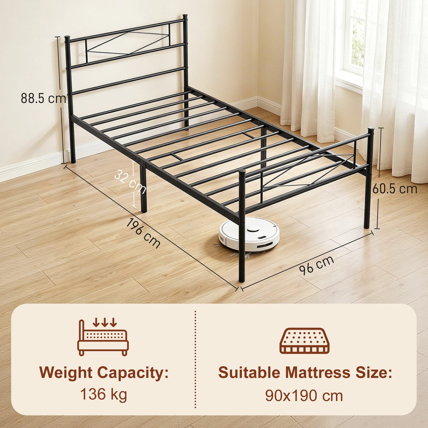HOMCOM 3ft Single Bed Frame With Headboard And Footboard Metal Platform Bed Frame With 32 Cm Underbed Storage Black