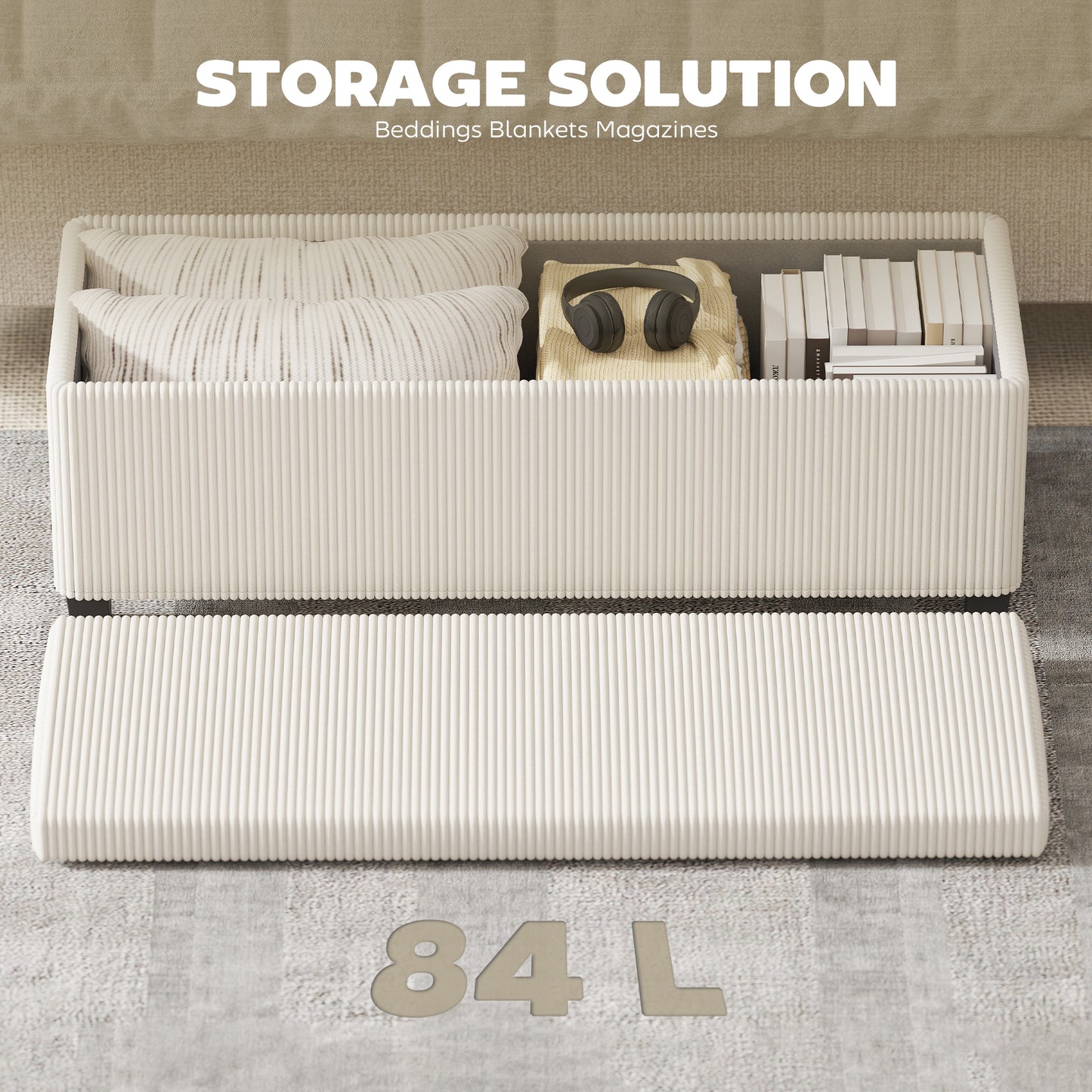HOMCOM Corduroy Storage Ottoman Bench With Wooden Legs 112cm Bed End Bench Beige For Living Room Bedroom
