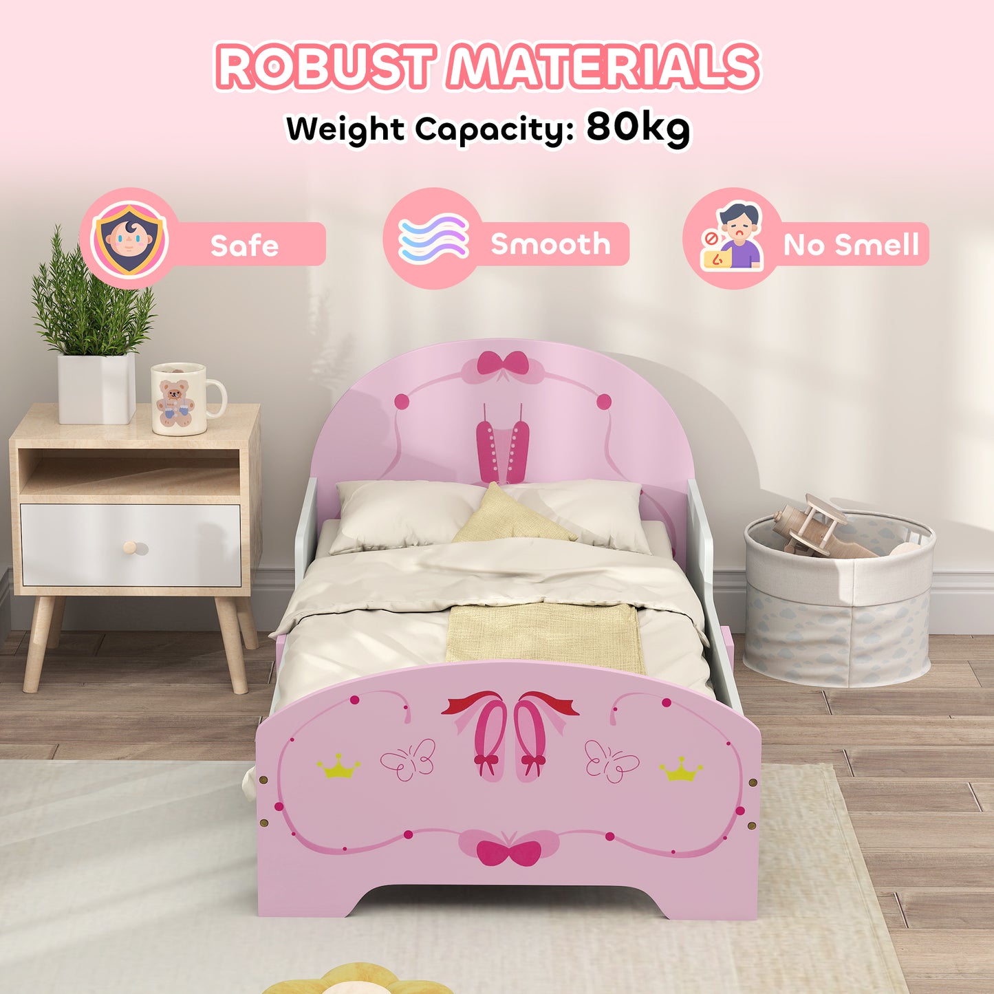 AIYAPLAY Kids Bed With Safety Rails Clothes Rail Full Length Mirror 3 Piece Pink Bedroom Furniture Set