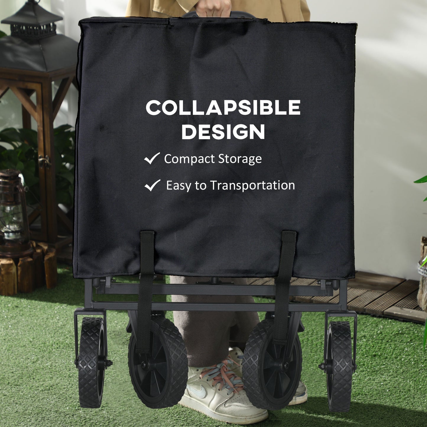 Outsunny Versatile Folding Utility Cart with Telescopic Handle - Heavy-Duty Pull Along Trolley in Black - ALL4U RETAILER LTD