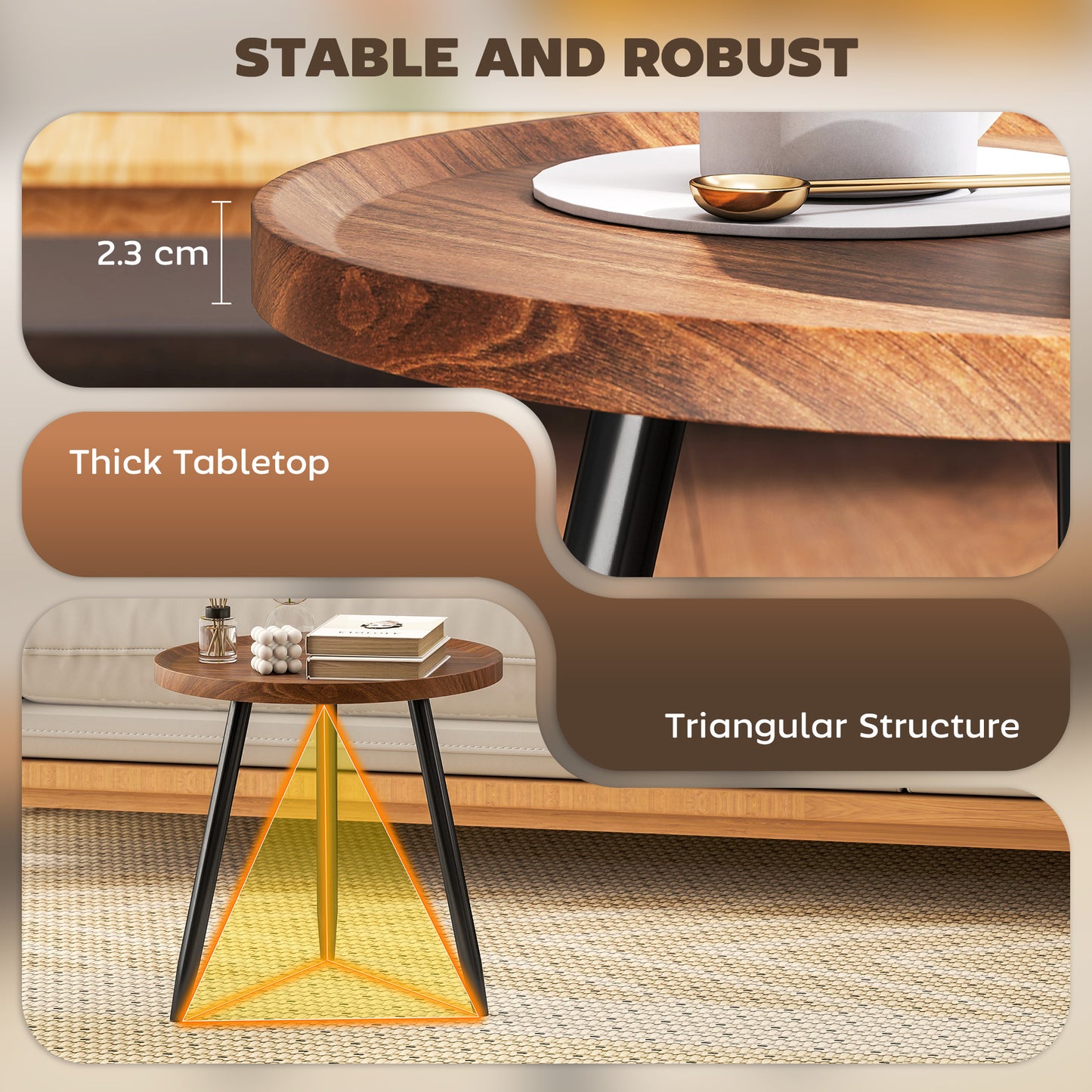 HOMCOM Modern Round Coffee Table With Steel Frame For Small Space Living Room And Bedroom Walnut Wood Effect