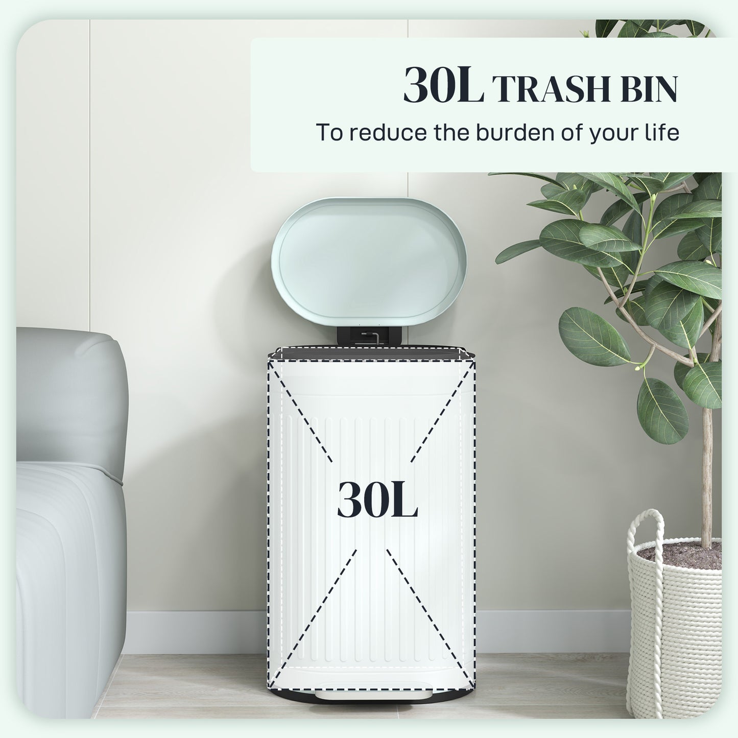 HOMCOM 30L Metal Kitchen Bin With Soft Close Lid Pedal Operated Stay Open Inner Removable Bucket Light Green