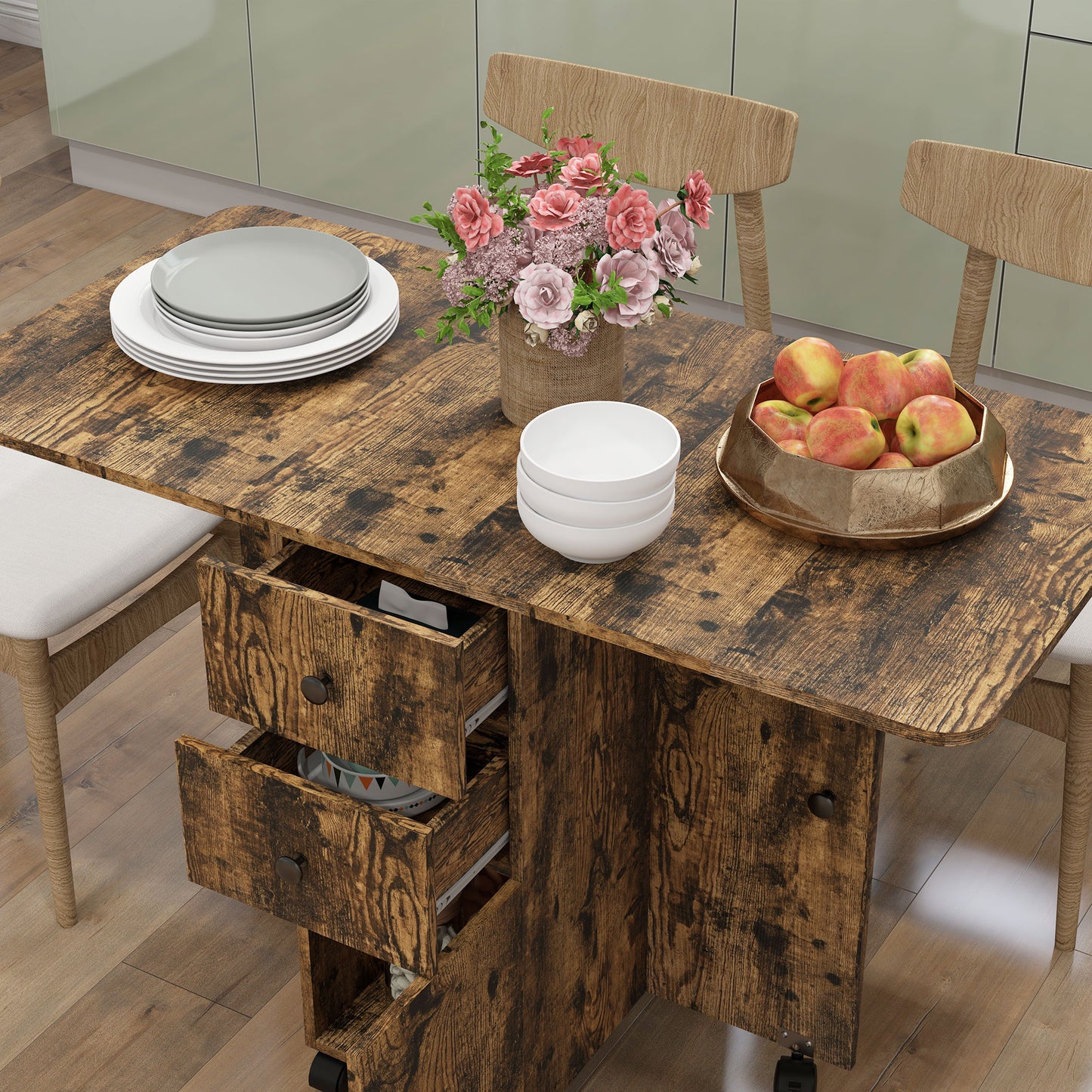 HOMCOM Multi Storage Six Person Drop Leaf Dining Table Rustic Brown With Drawers Shelf And Cabinet