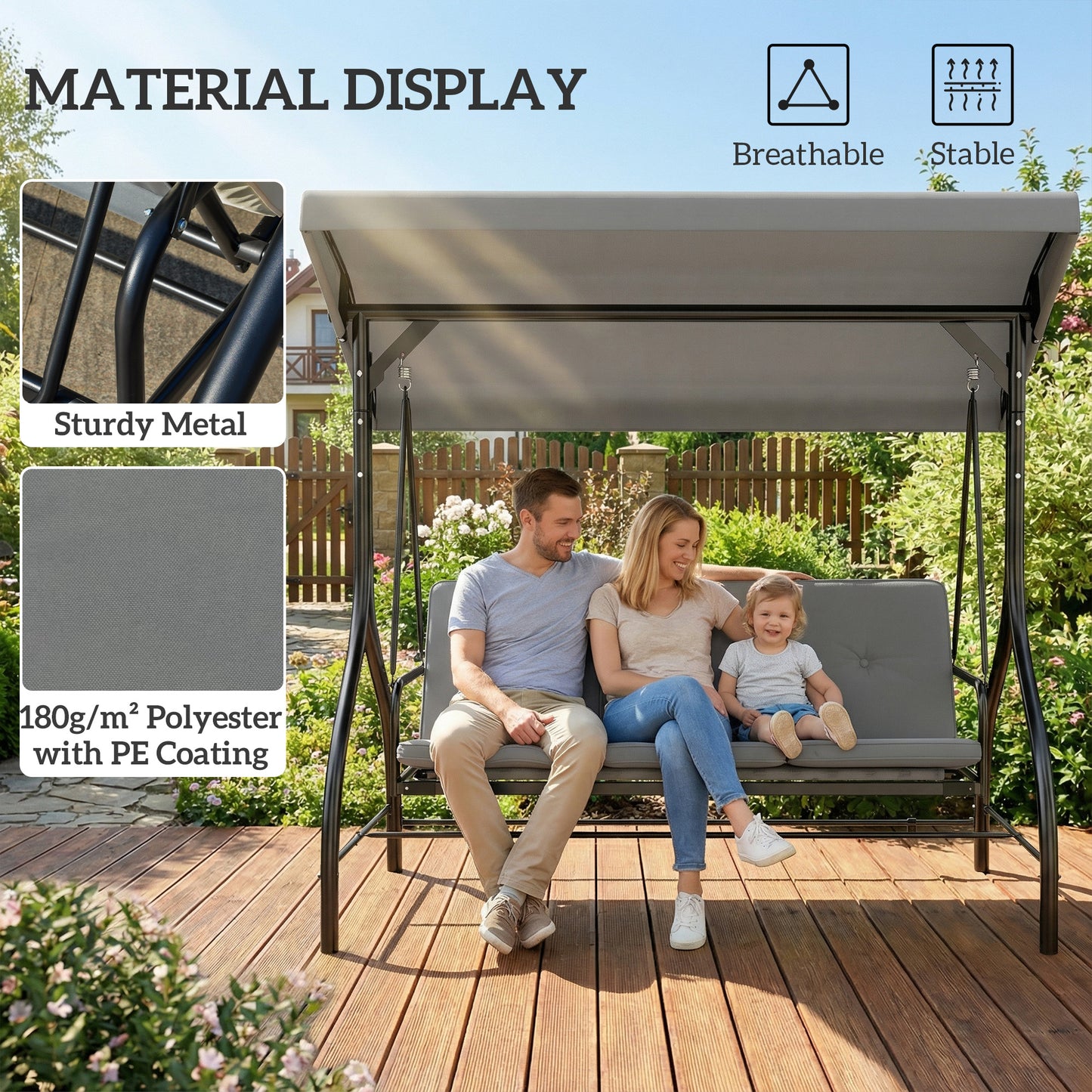 Outsunny 3 Seater Canopy Swing Chair 2 In 1 Garden Swing Seat Bed With Adjustable Canopy And Metal Frame Light Grey