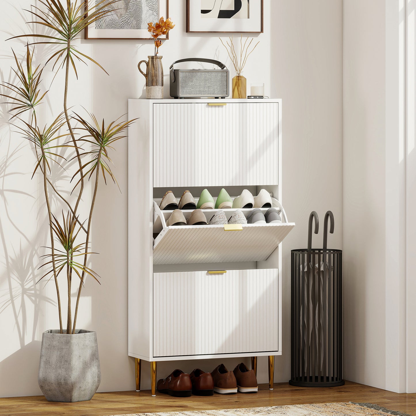 HOMCOM Elegant Three Drawer White Shoe Cabinet With Ridged Doors And Gold Accents